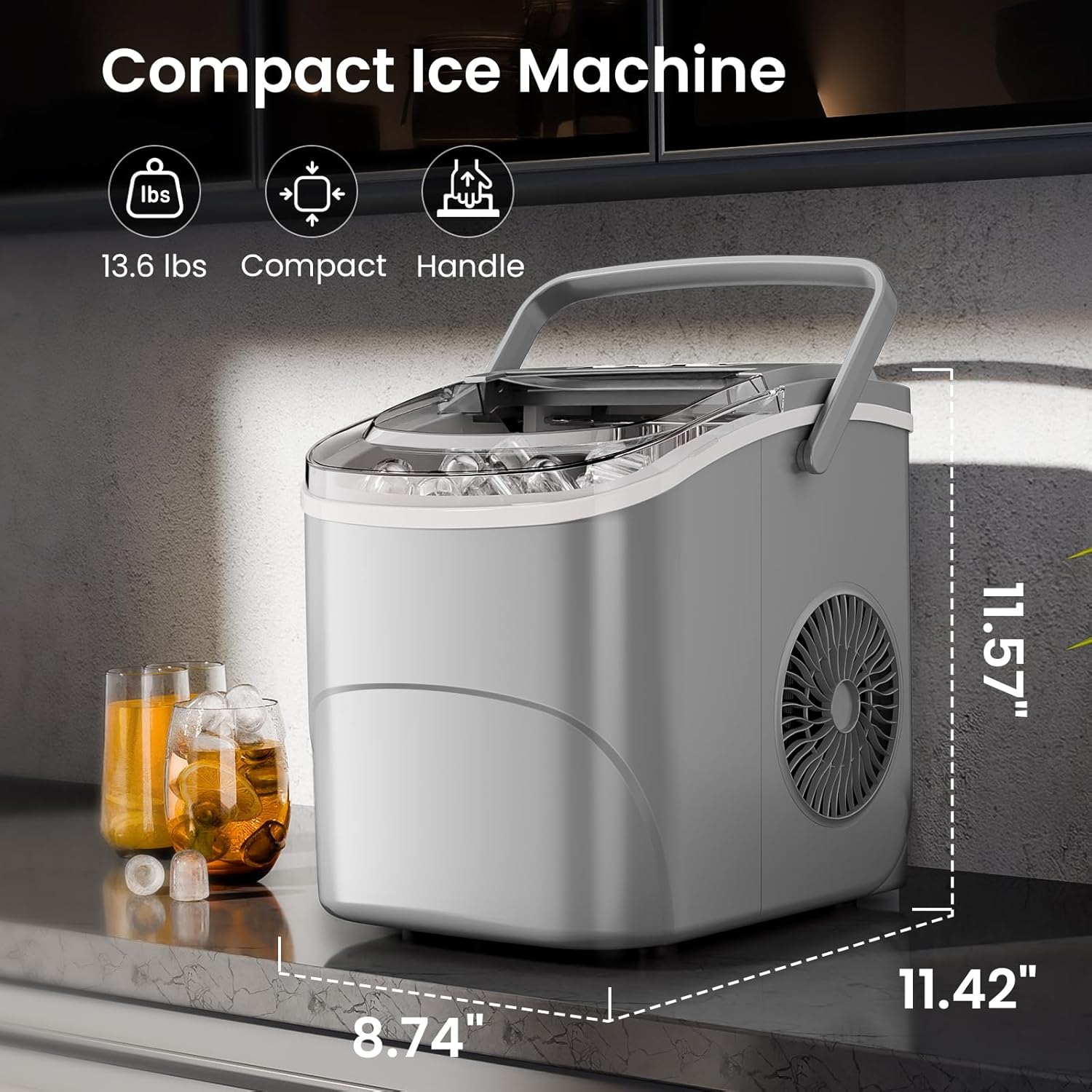 Antarctic Star Ice Makers Countertop with Handle,26.5Lbs/24H,9 Cubes in 6 Mins,2 Sizes of Bullet Ice,Portable Ice Maker Machine with