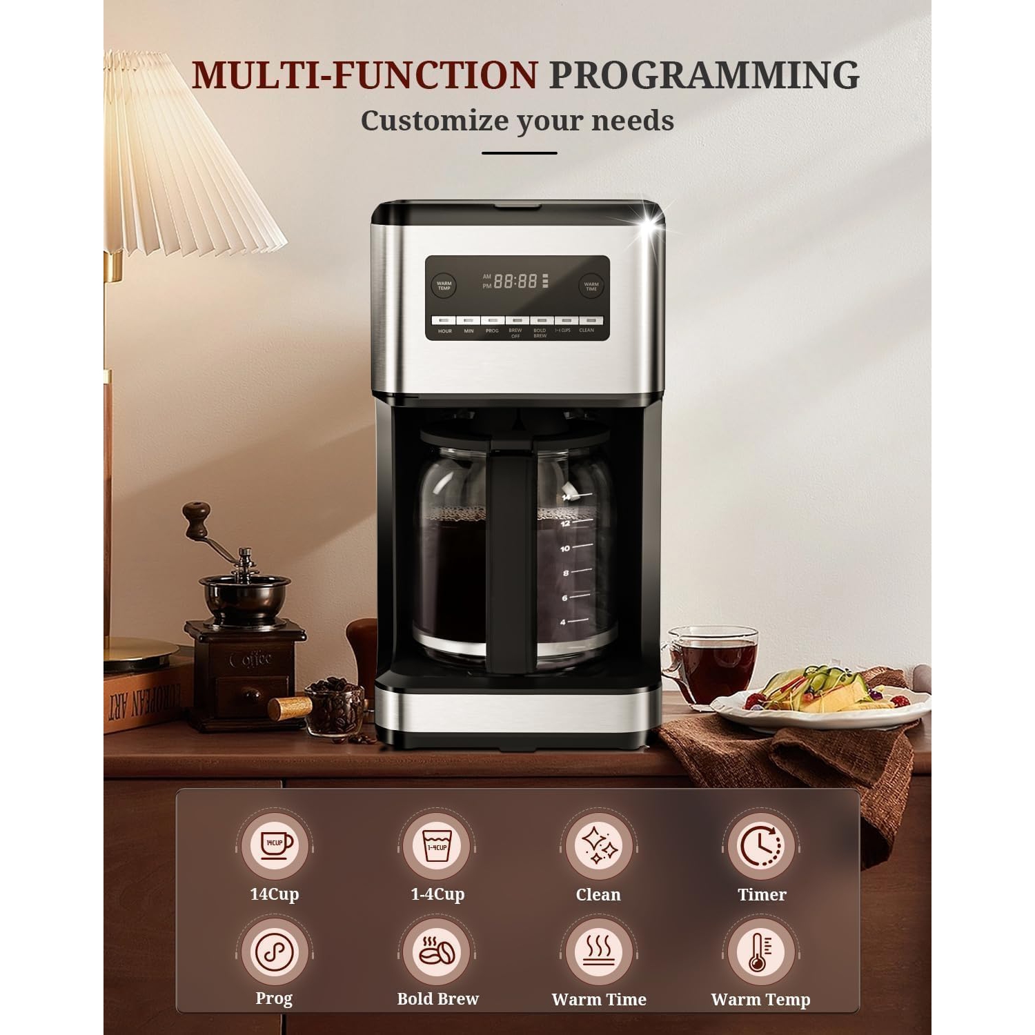 14-Cup Coffee Maker, 24-Hour Programmable Coffee Brewer, Keep Warm, Drip Free, Washable Filter, Stainless Steel, Silver