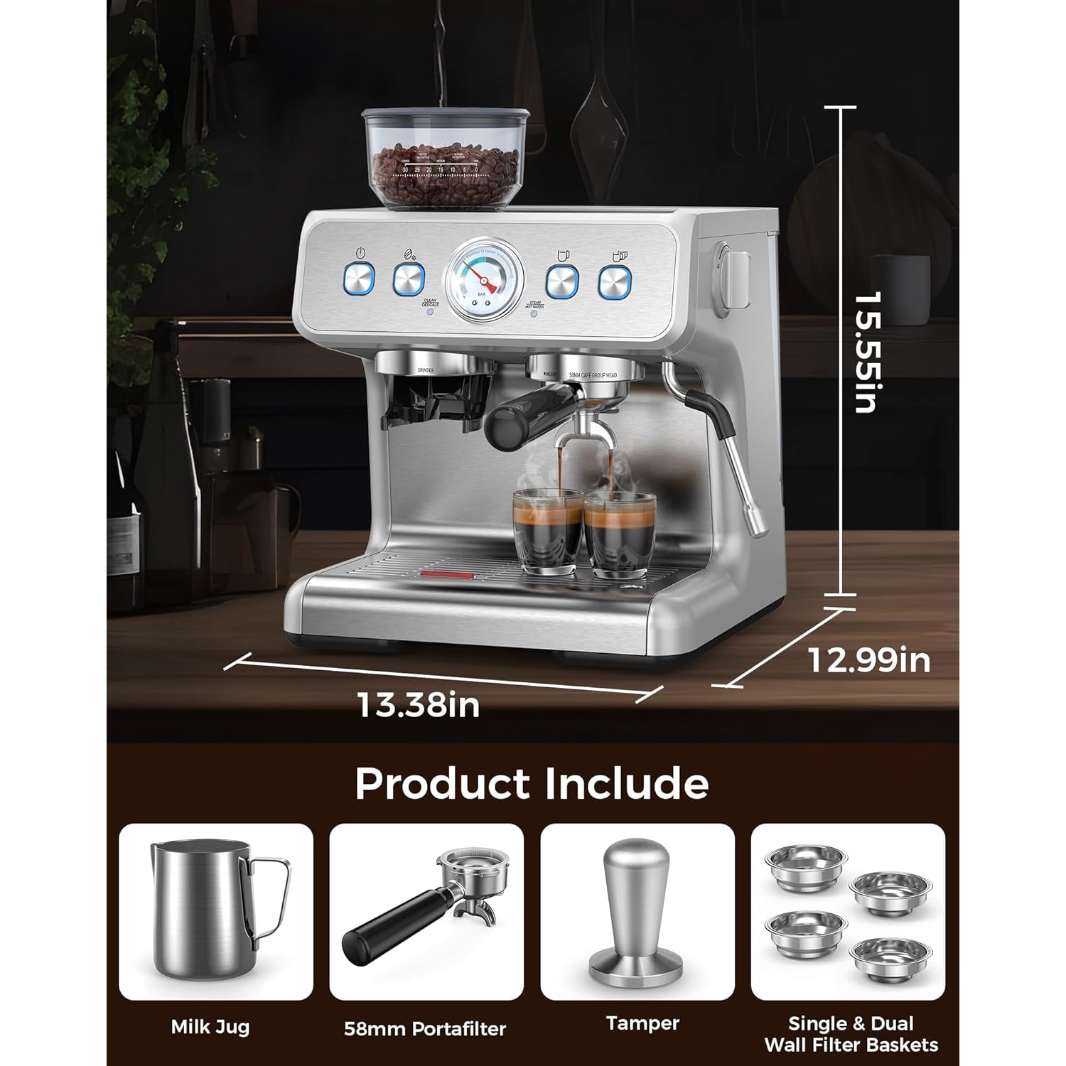 Espresso Machines with grinder, 20 Bar Professional Espresso Maker with Milk Frother Steam Wand&Removable Water Tan for Home,Stainless Steel
