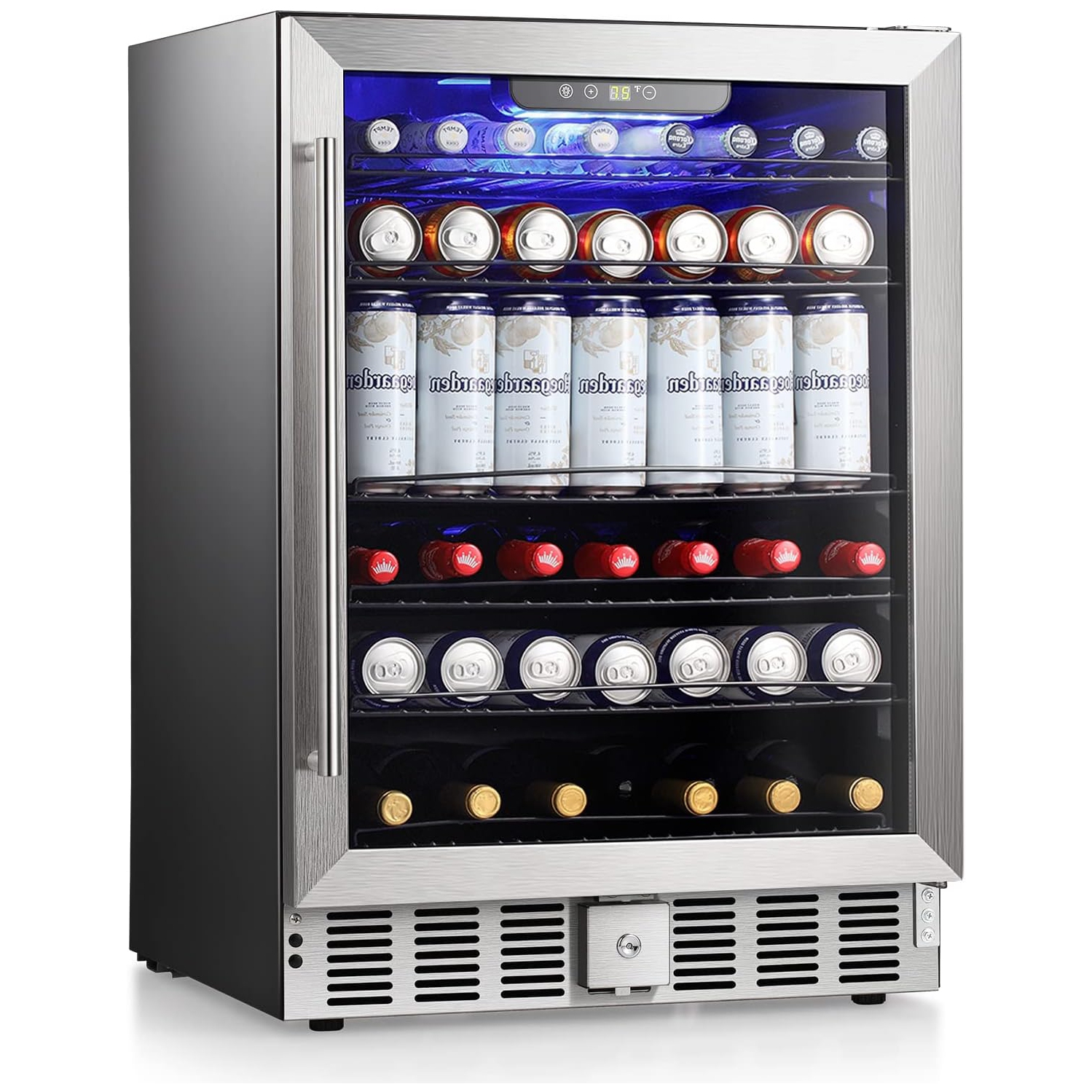 Antarctic Star 5.1 Cu.Ft Beverage Fridge, 24 Inch, 166-Can, Low Noise, Glass Door, Stainless Steel, Efficient Cooling System with Safety Lock