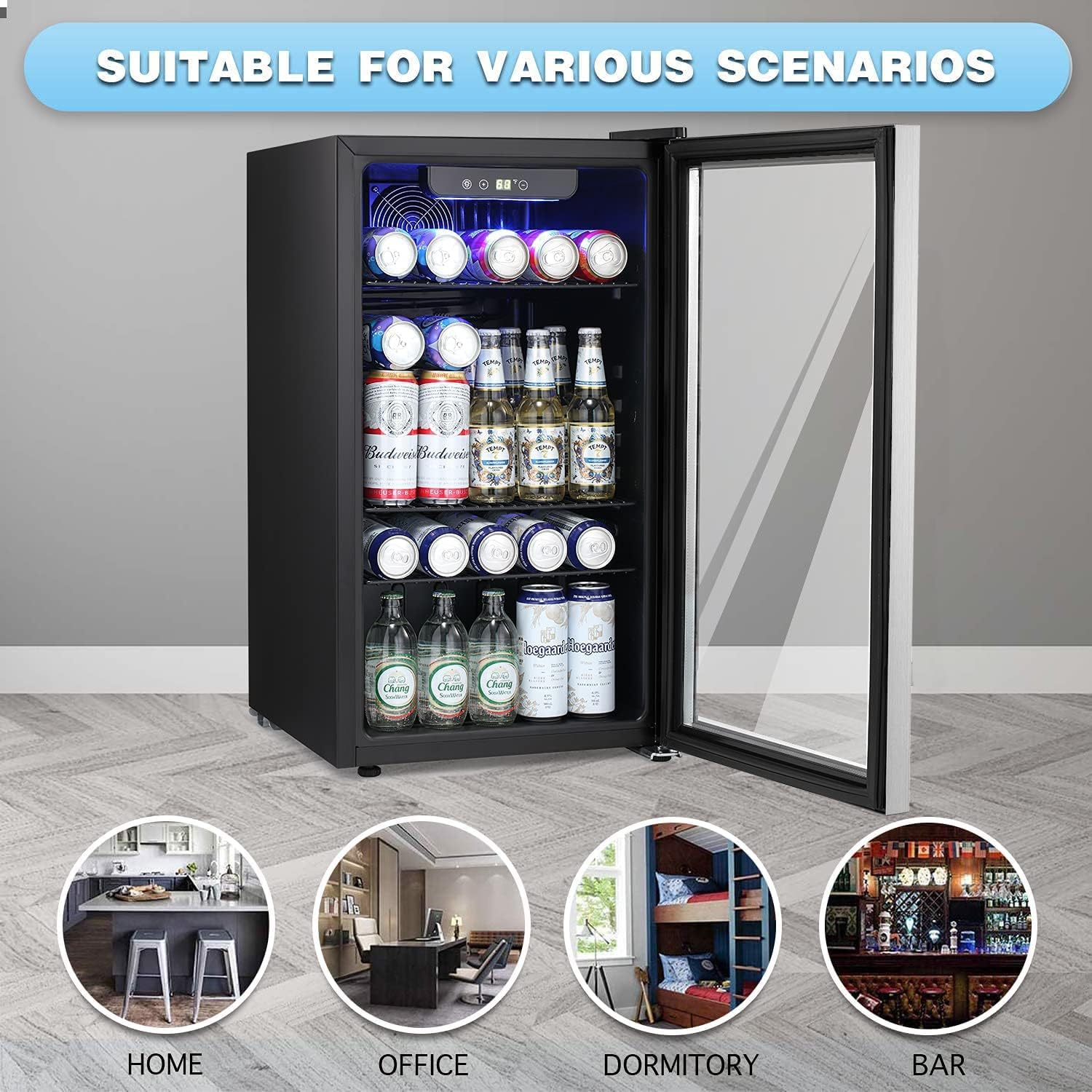 Antarctic Star Small Drink Dispenser with Clear Front Door, Beverage Refrigerator Cooler-120 Can Mini Fridge Glass Door, Silver