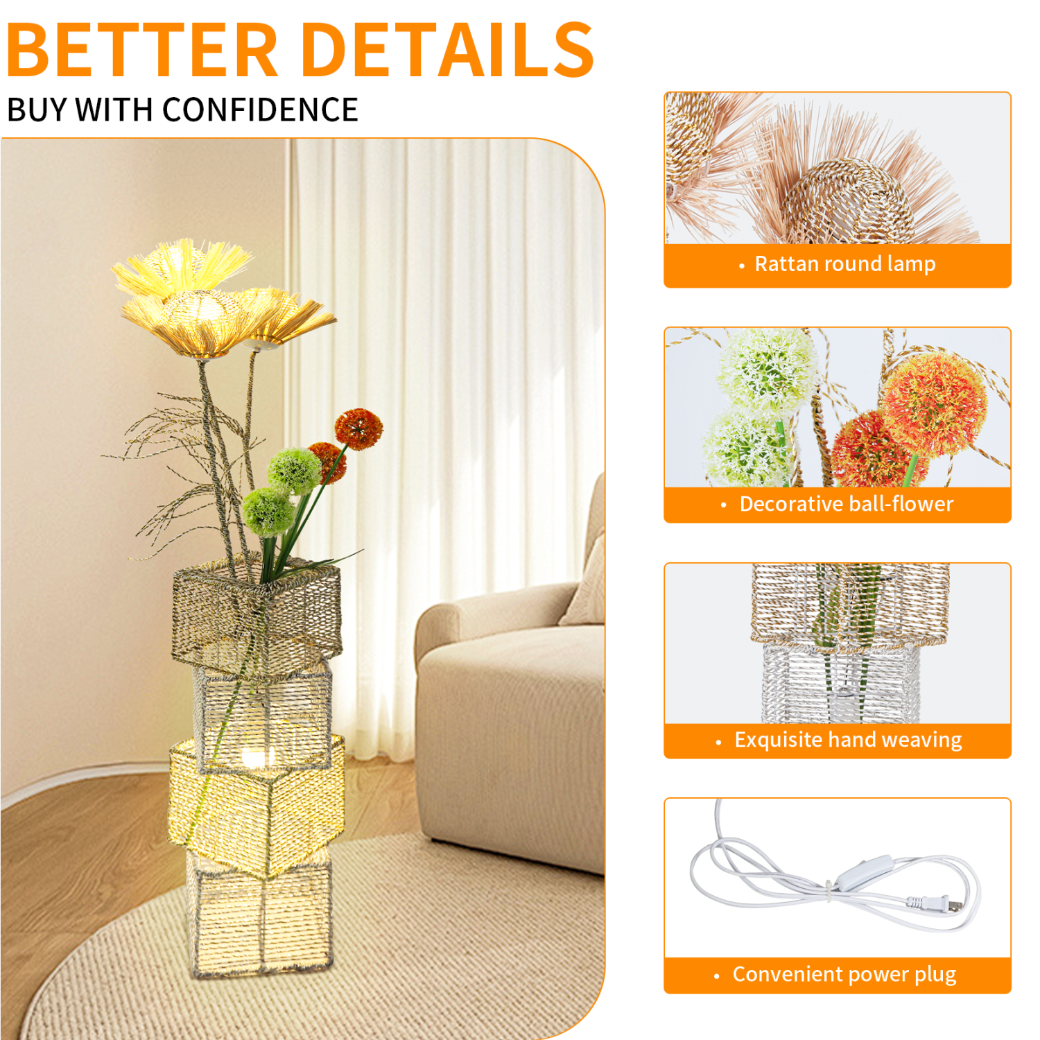 Decorative Pastoral Led Floor Lamp Hand-Woven Rattan Wicker Art Floor Standing Lamps Accents for Home, Living Area, Hotel