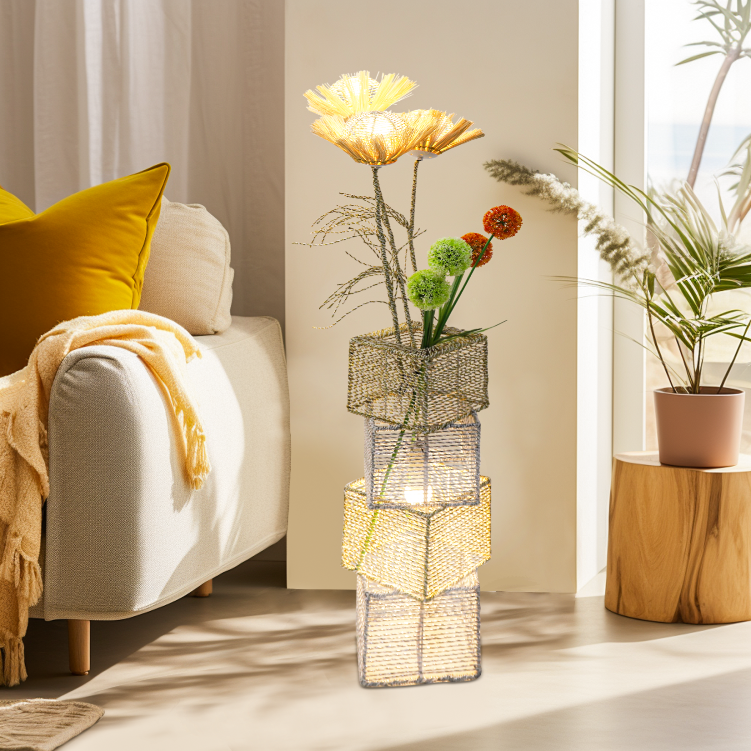 Decorative Pastoral Led Floor Lamp Hand-Woven Rattan Wicker Art Floor Standing Lamps Accents for Home, Living Area, Hotel