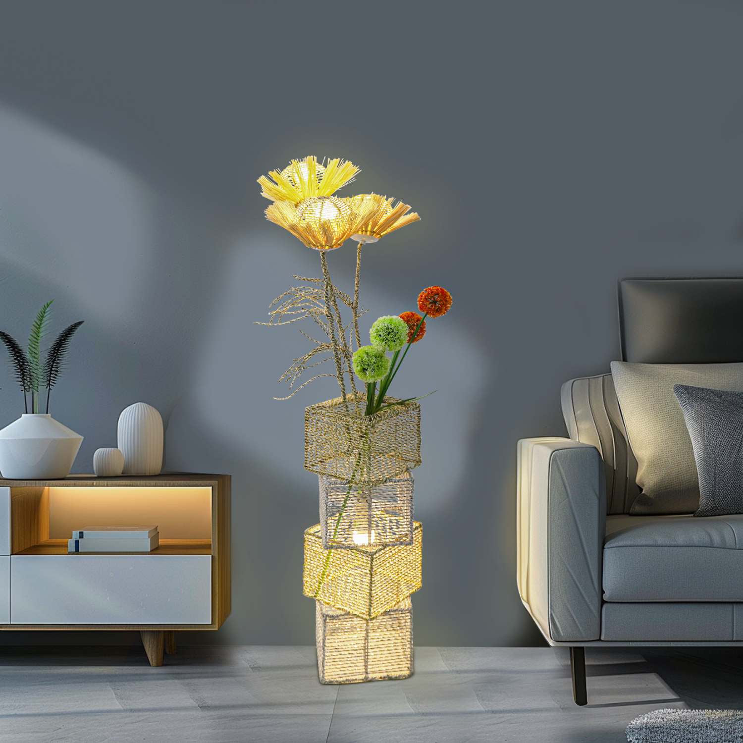 Decorative Pastoral Led Floor Lamp Hand-Woven Rattan Wicker Art Floor Standing Lamps Accents for Home, Living Area, Hotel