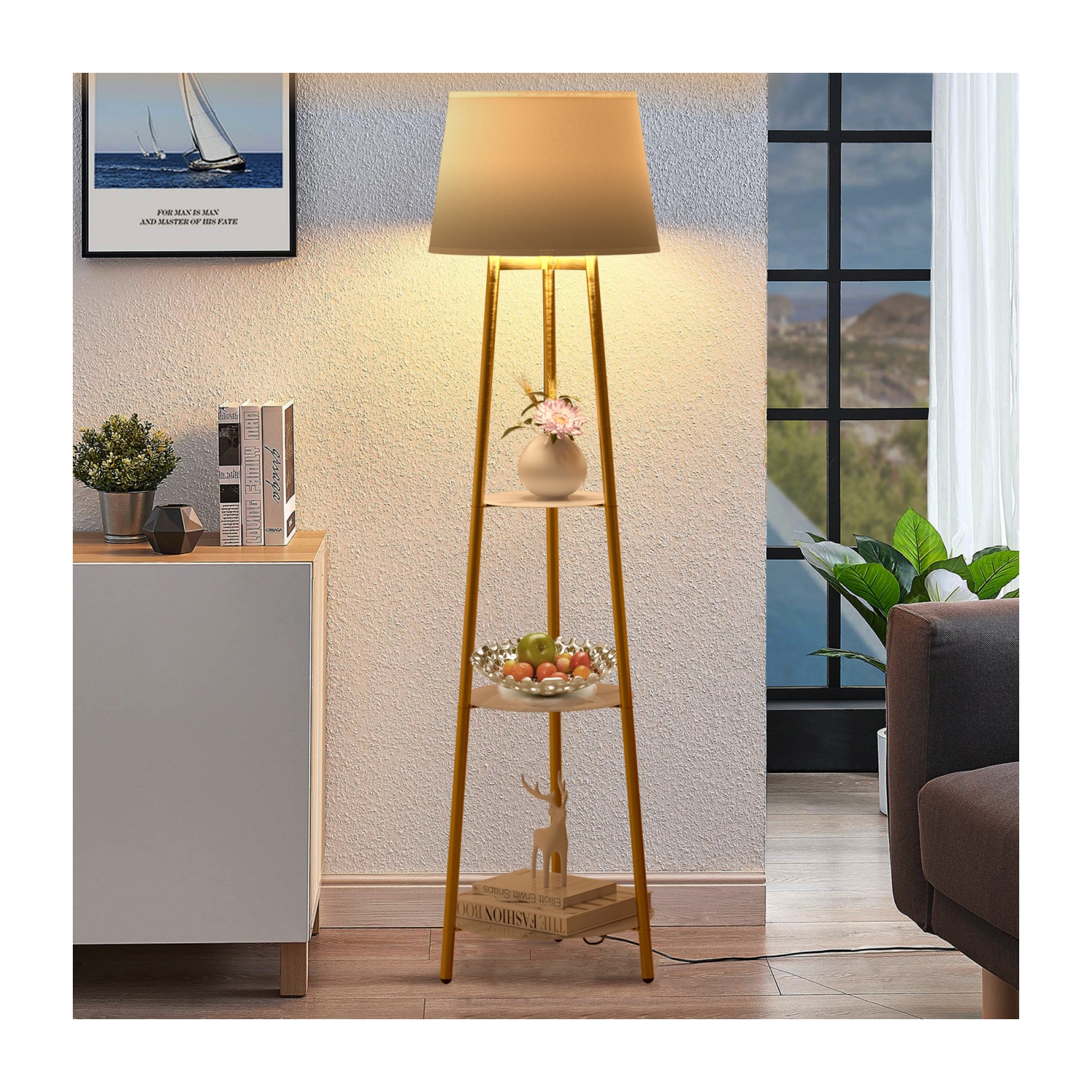 Modern LED lampadaire avec 3 tablettes de présentation Trépied Lampe de plancher d'appoint Décor d'angle debout pour chambre Salon