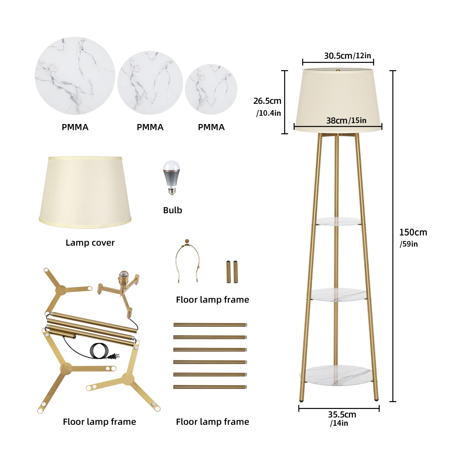Modern LED lampadaire avec 3 tablettes de présentation Trépied Lampe de plancher d'appoint Décor d'angle debout pour chambre Salon
