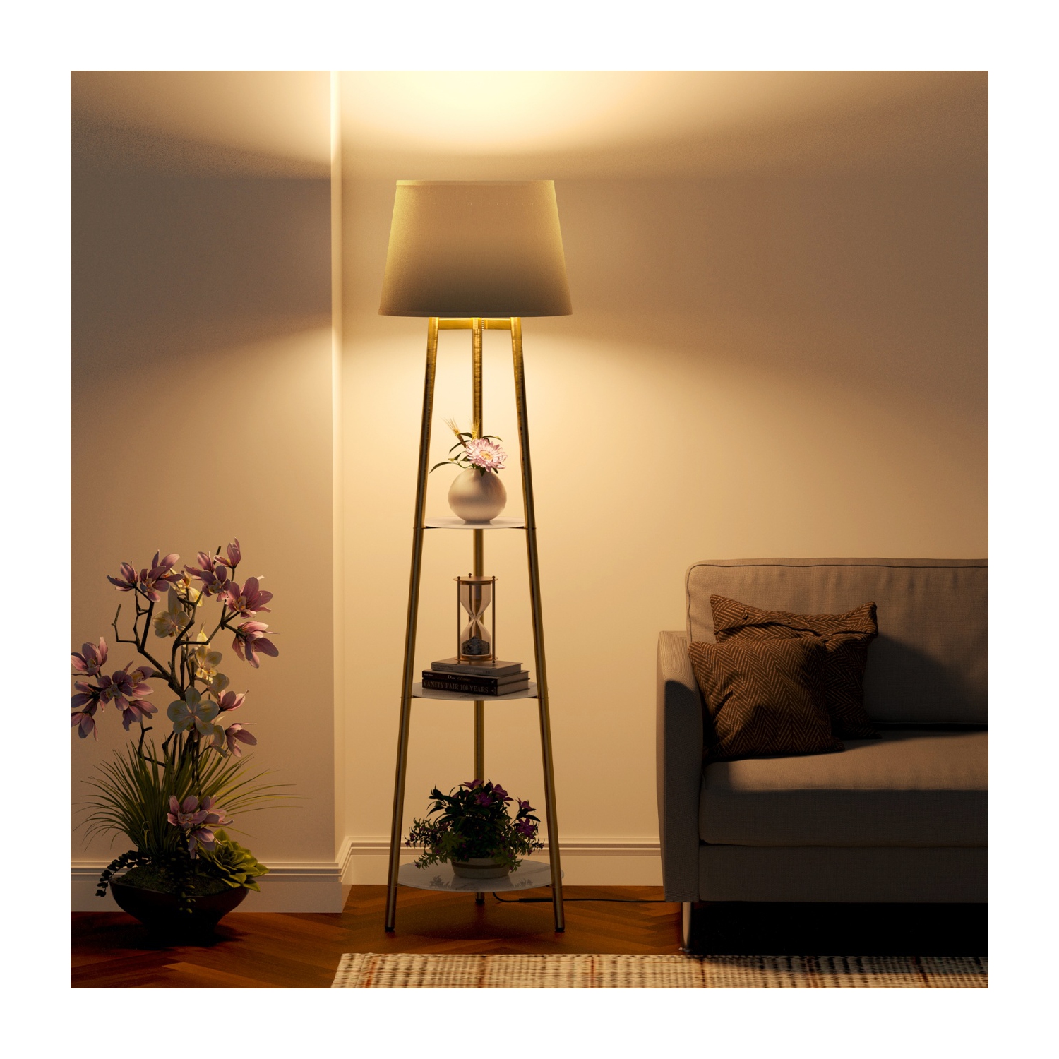 Modern LED lampadaire avec 3 tablettes de présentation Trépied Lampe de plancher d'appoint Décor d'angle debout pour chambre Salon