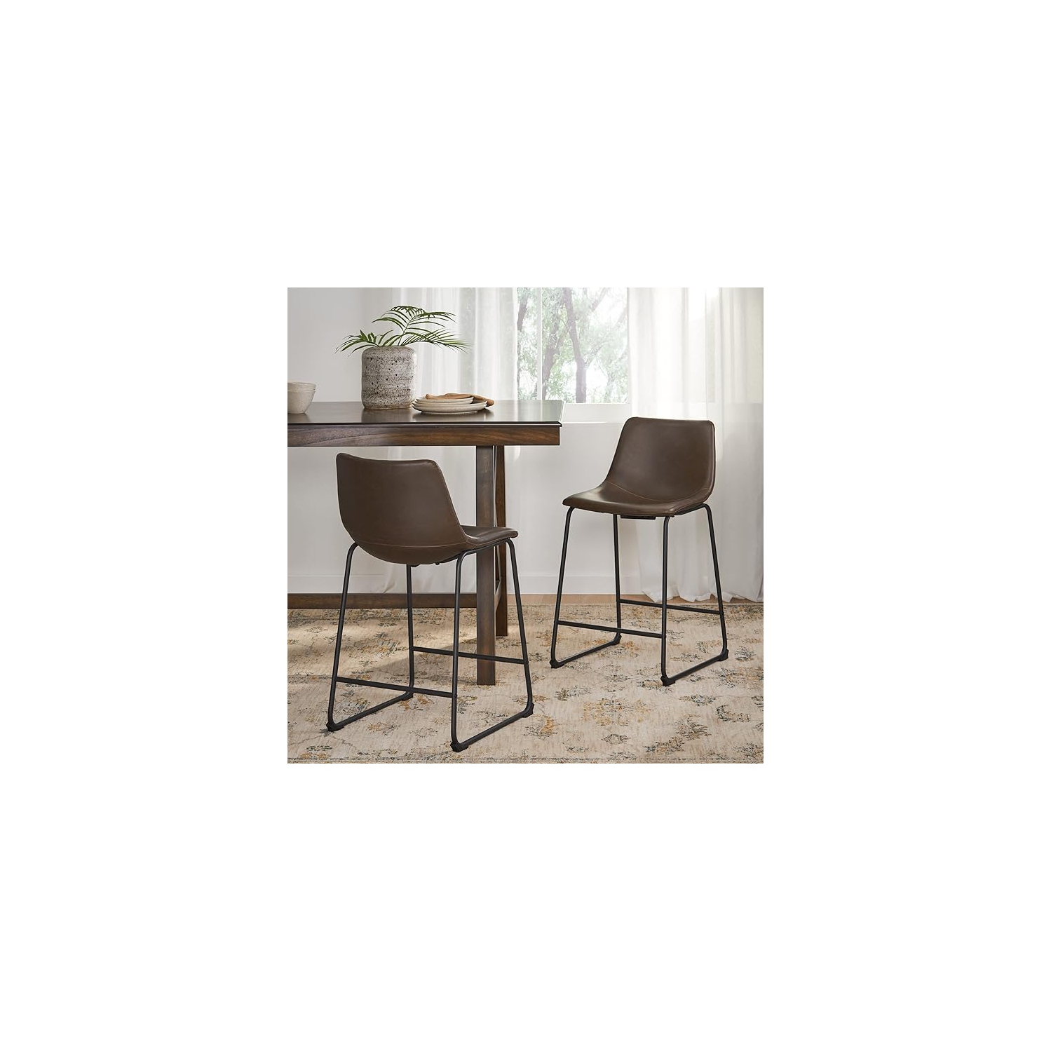 Set of 2 PU Barstool with Wide Upholstered Seat and Iron Frame Support, Modern Bucket Barstool with Back and Footrest, for Home Kitchen Counter