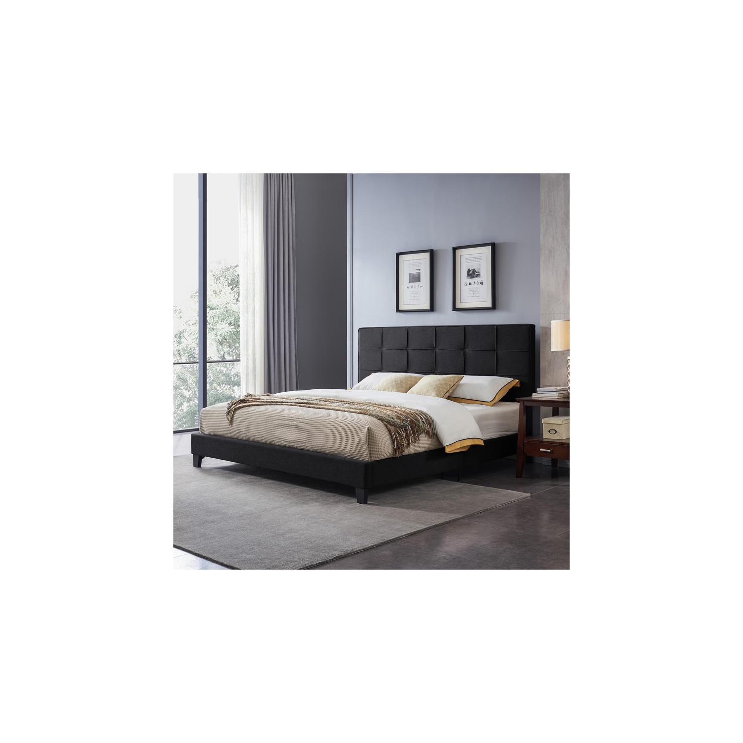 Très grand cadre de lit plateforme rembourré avec coutures carrées capitonnées contemporaines, assemblage facile, noir