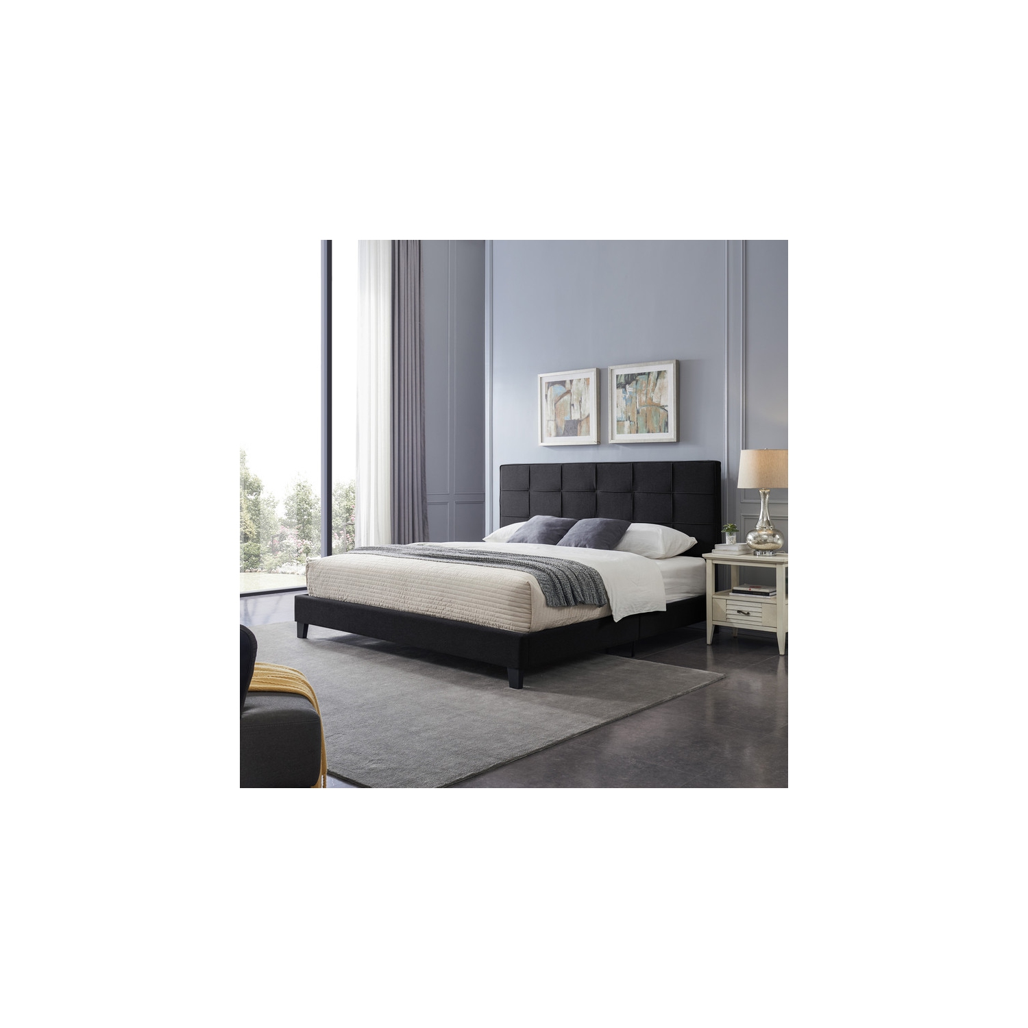 Très grand cadre de lit plateforme rembourré avec coutures carrées capitonnées contemporaines, assemblage facile, noir