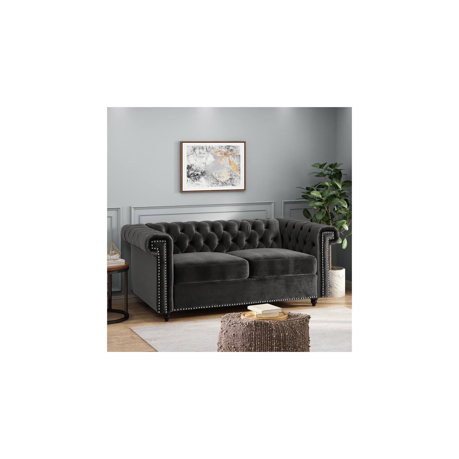 Loveseat Sofa, Mid-Century Button Tufted Upholstered Sofa with Scroll Arms and Nailhead, 2 Seater Couch for Living Room, Bedroom, Office