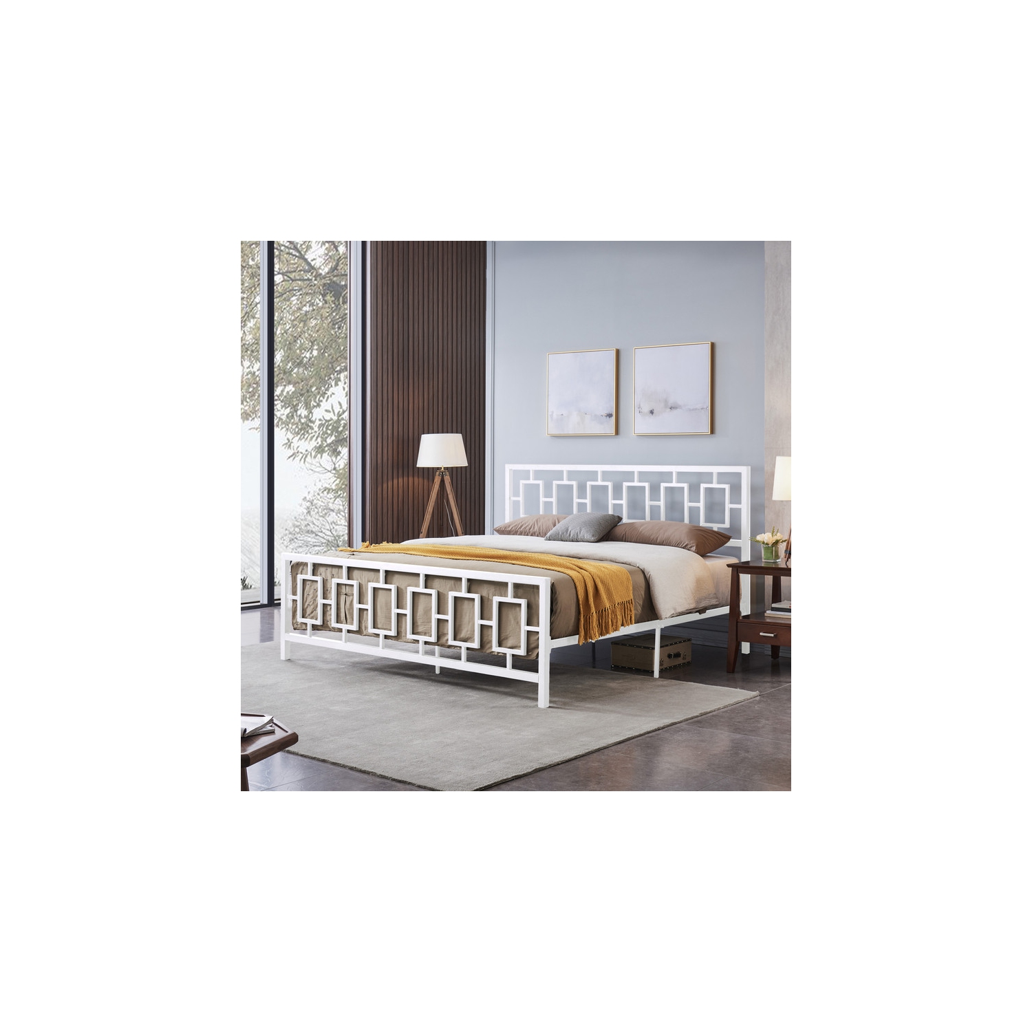 Cadre de très grand lit en métal, lit plateforme moderne avec tête de lit et pied de lit pour chambre à coucher