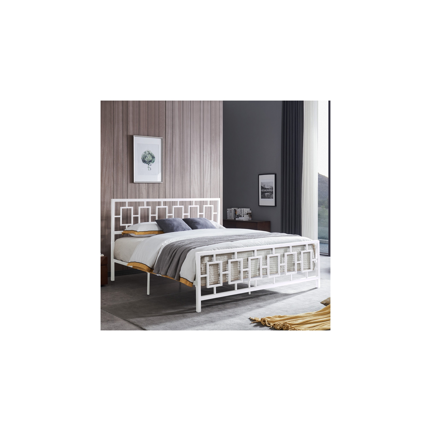 Cadre de très grand lit en métal, lit plateforme moderne avec tête de lit et pied de lit pour chambre à coucher