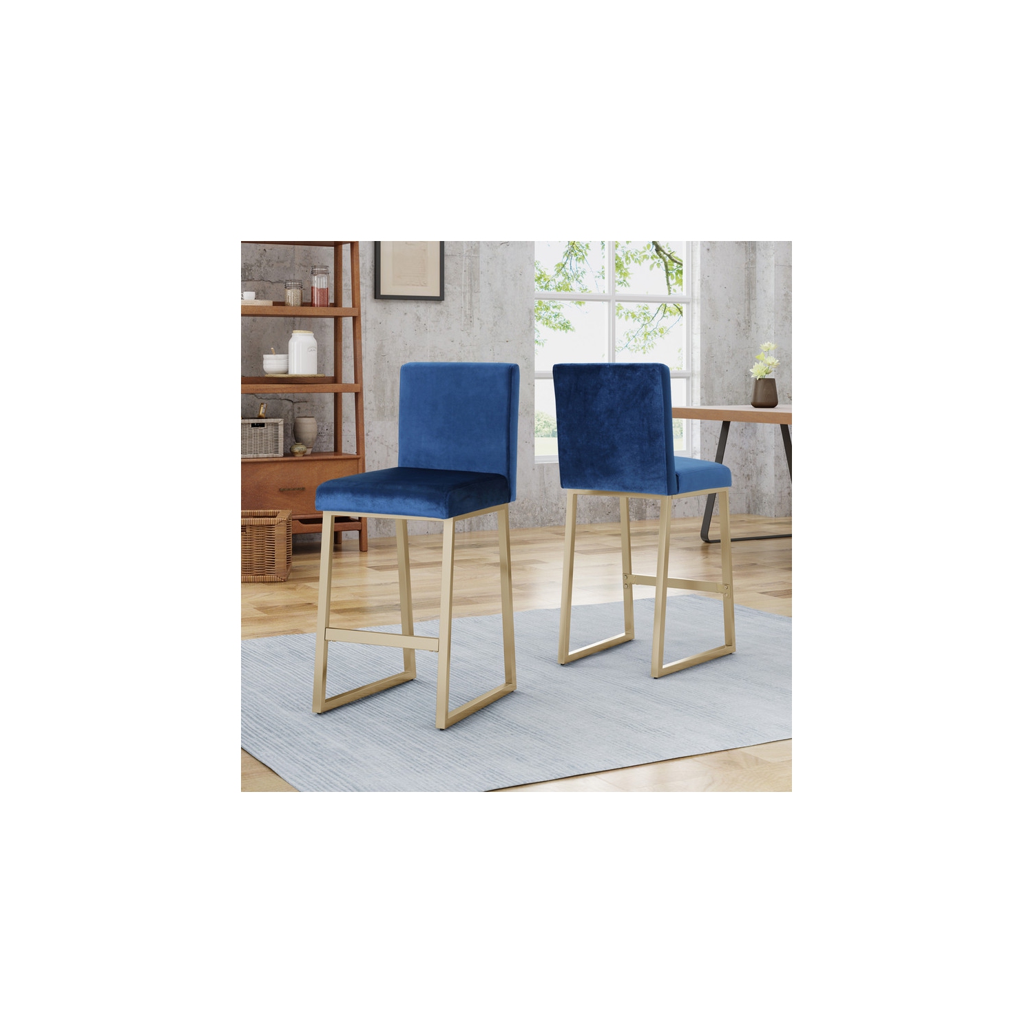 Tabouret de bar moderne en velours, bleu marine et laiton