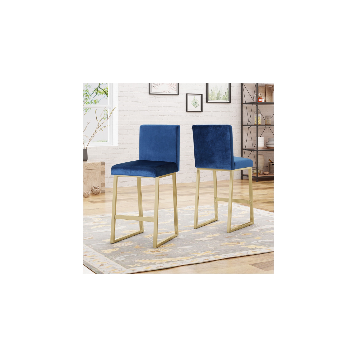 Tabouret de bar moderne en velours, bleu marine et laiton