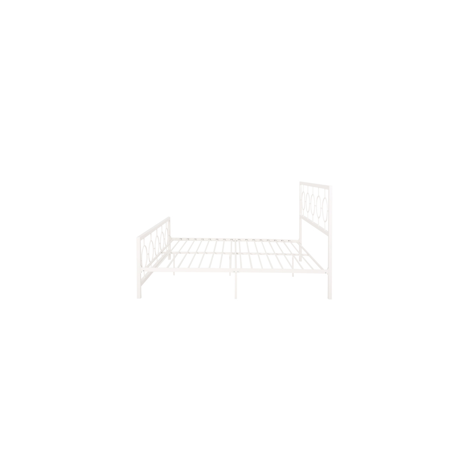 Cadre de très grand lit classique en métal avec tête et pied de lit circulaires, espace sous le lit, blanc