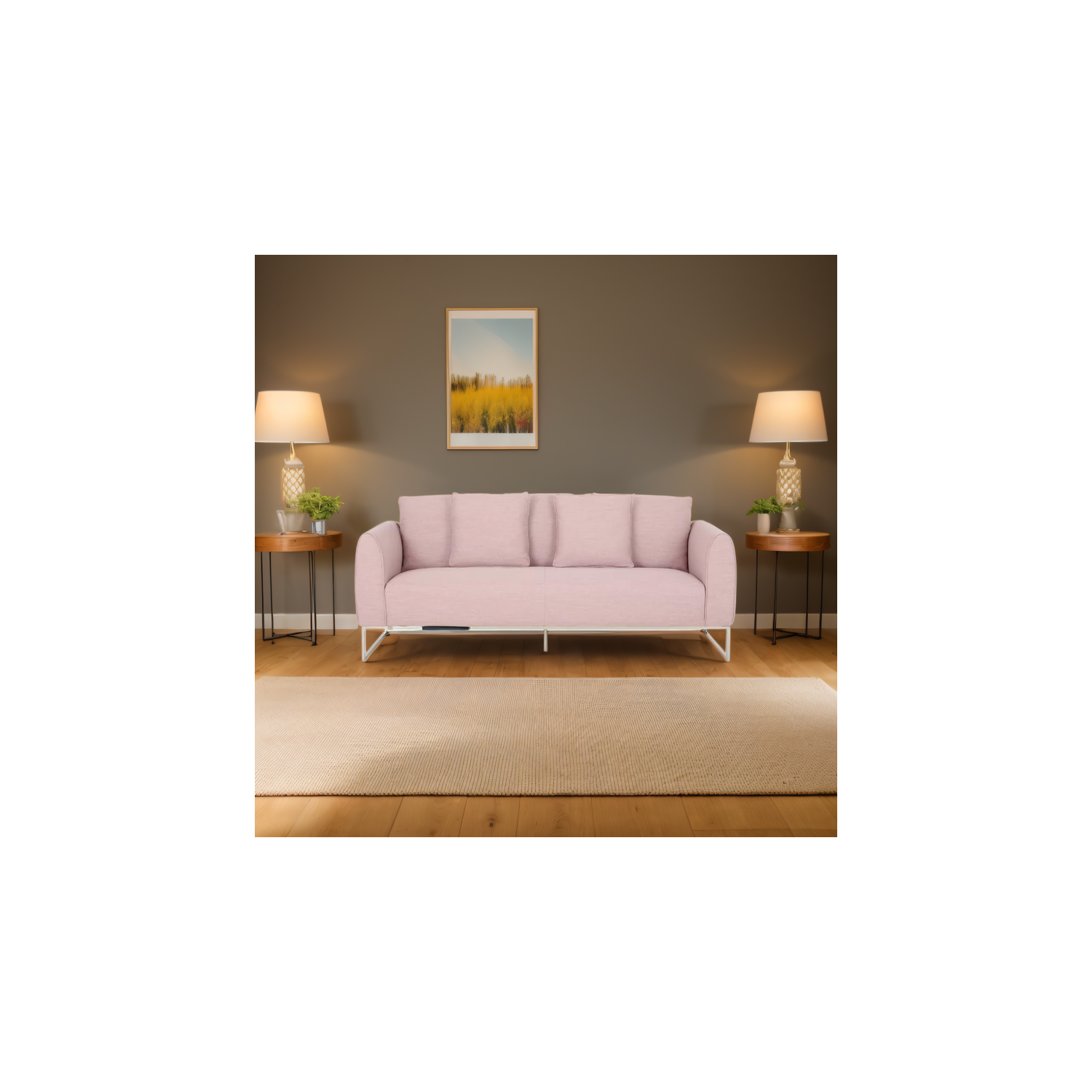 Canapé 2 places en tissu rose 82,75&nbsp;po, pattes argentées élégantes et revêtement ultradoux. Sièges très profonds pour un confort optimal. Idéal