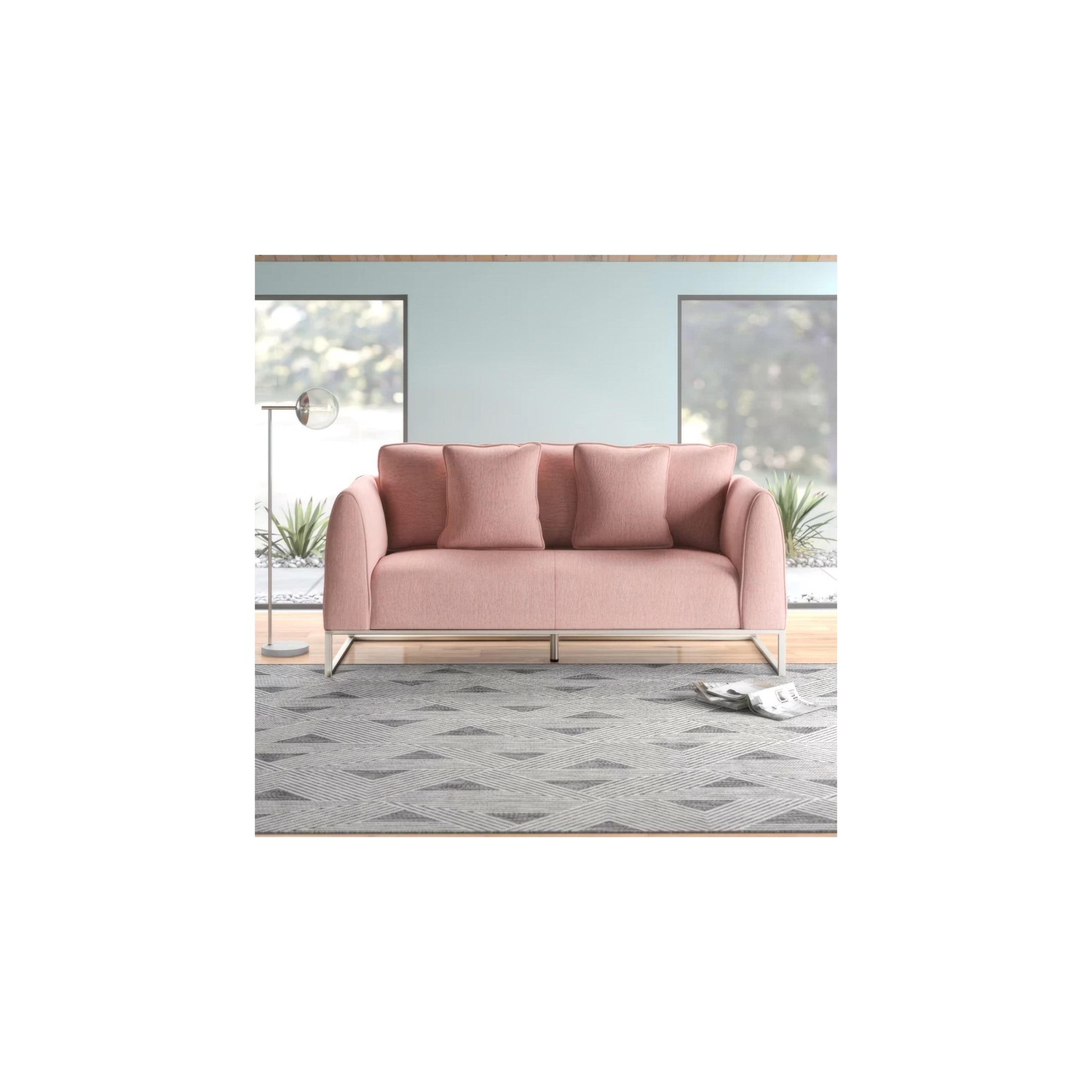 Canapé 2 places en tissu rose 82,75&nbsp;po, pattes argentées élégantes et revêtement ultradoux. Sièges très profonds pour un confort optimal. Idéal