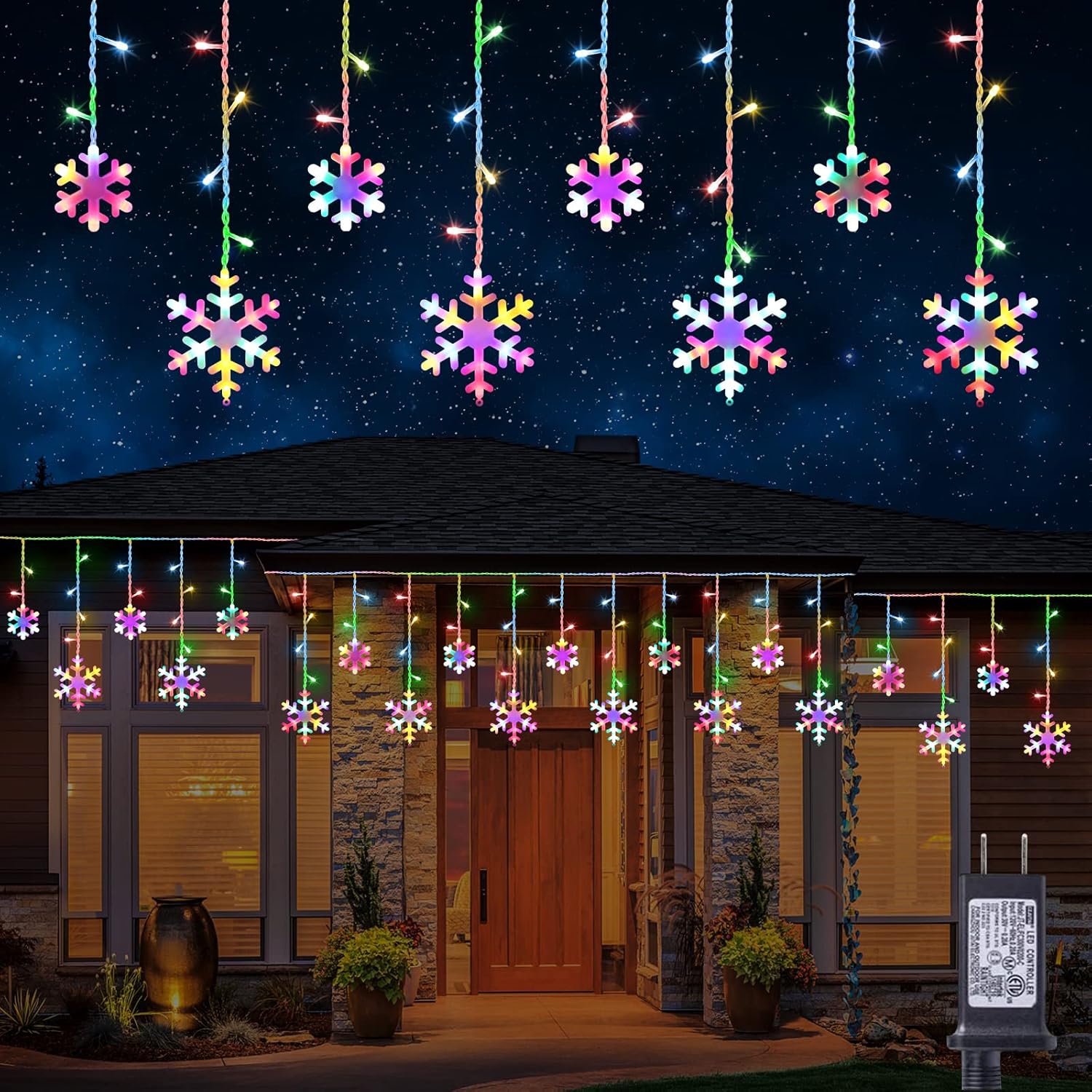 Christmas Snowflake Lights, 17.22ft 264 LED Icicle Lights Outdoor with 22 Drops, 8 Modes Waterproof Connectable Christmas Light