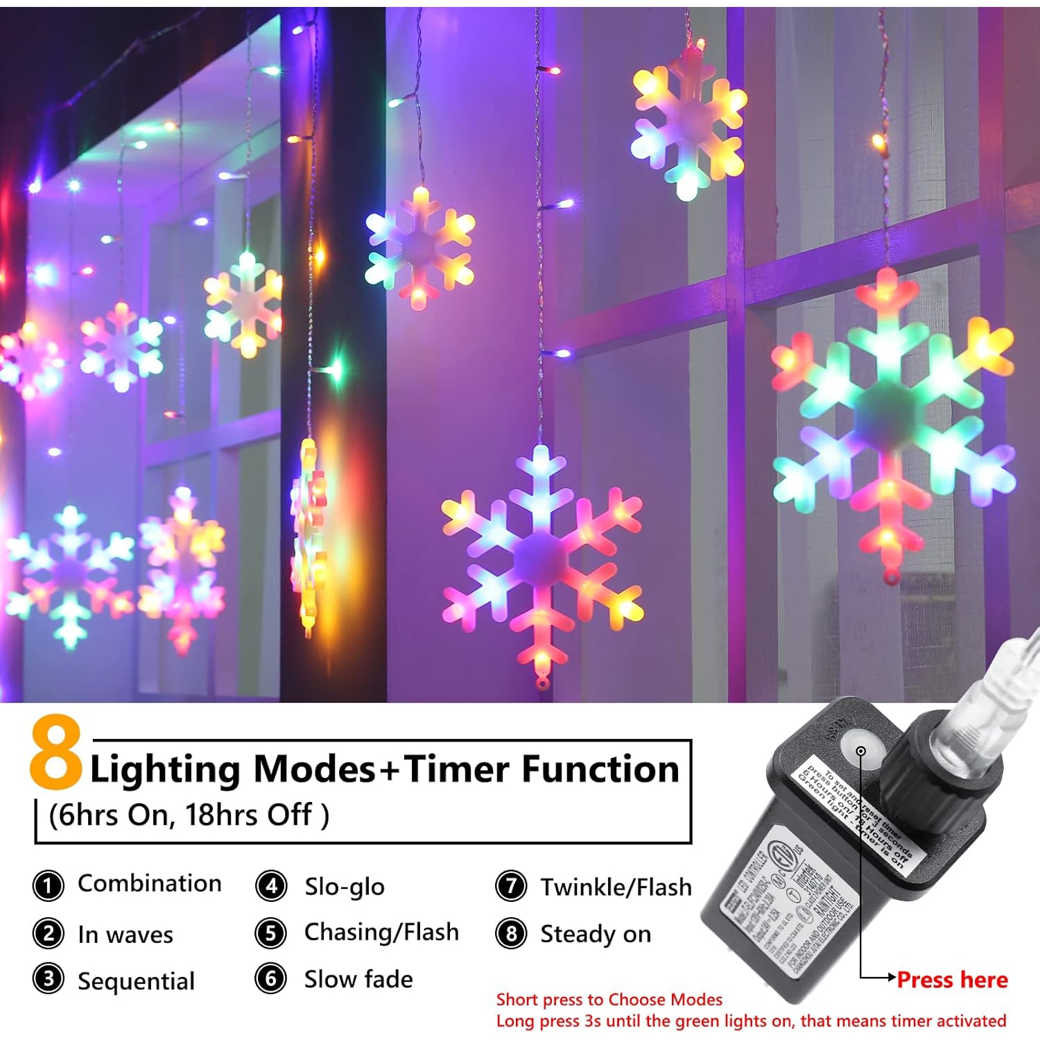 Christmas Snowflake Lights, 17.22ft 264 LED Icicle Lights Outdoor with 22 Drops, 8 Modes Waterproof Connectable Christmas Light