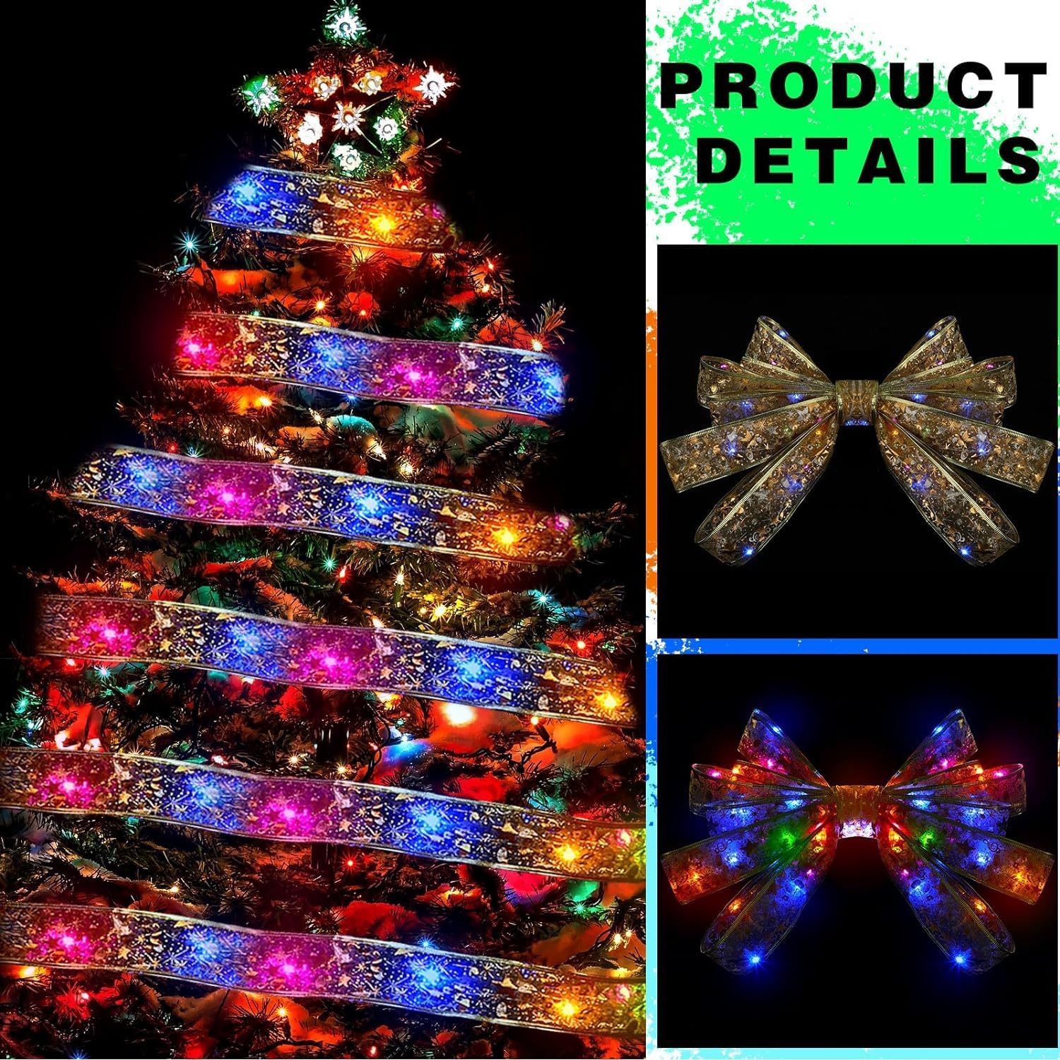 Christmas Tree Decorations Gold Ribbon with Colorful Lights 32ft 100 Led Fairy Lights Battery-Powered Copper Wire Ribbon Bows Lights