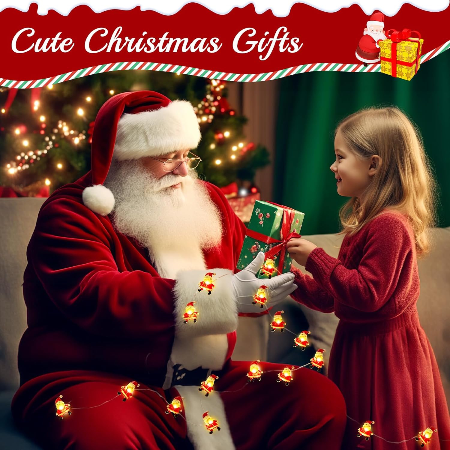 Christmas Decorations Indoor Lights, 6.56FT 20 LED Christmas Santa Claus Fairy String Lights Battery Operated for Xmas Tree Party Festive Holiday