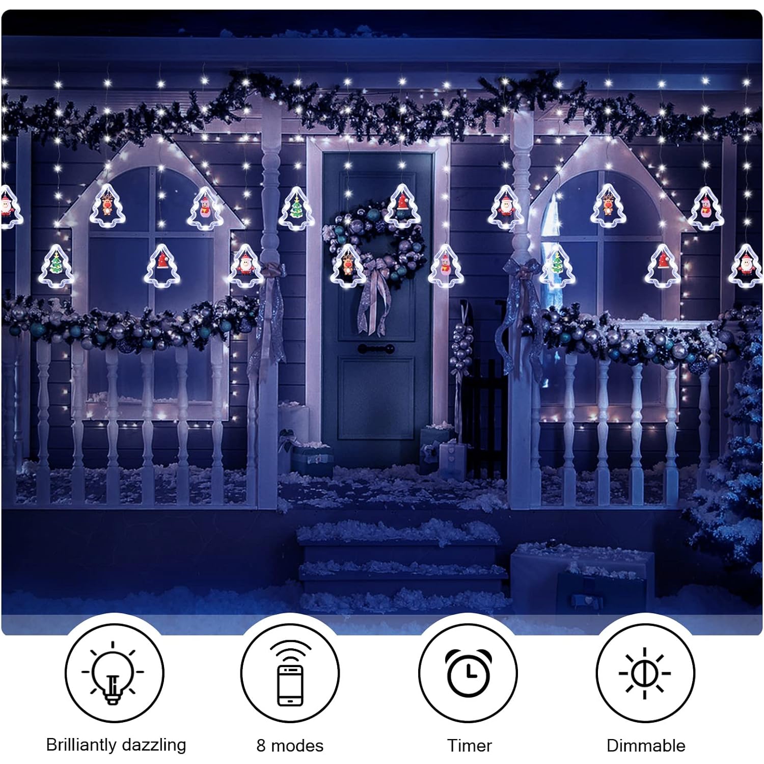 Lumières de Noël pour fenêtre – Décorations lumineuses pour fenêtre de Noël – Anneau lumineux en forme d'arbre avec rideau décoratif intérieur – Jeu