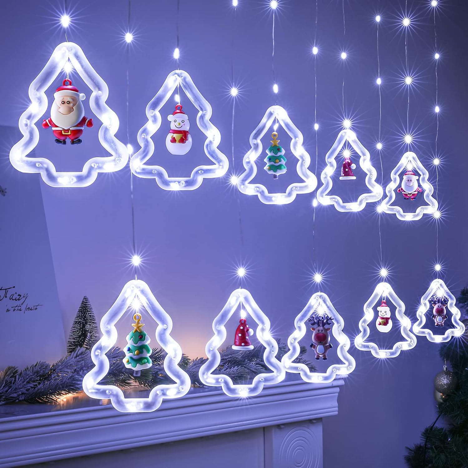 Lumières de Noël pour fenêtre – Décorations lumineuses pour fenêtre de Noël – Anneau lumineux en forme d'arbre avec rideau décoratif intérieur – Jeu
