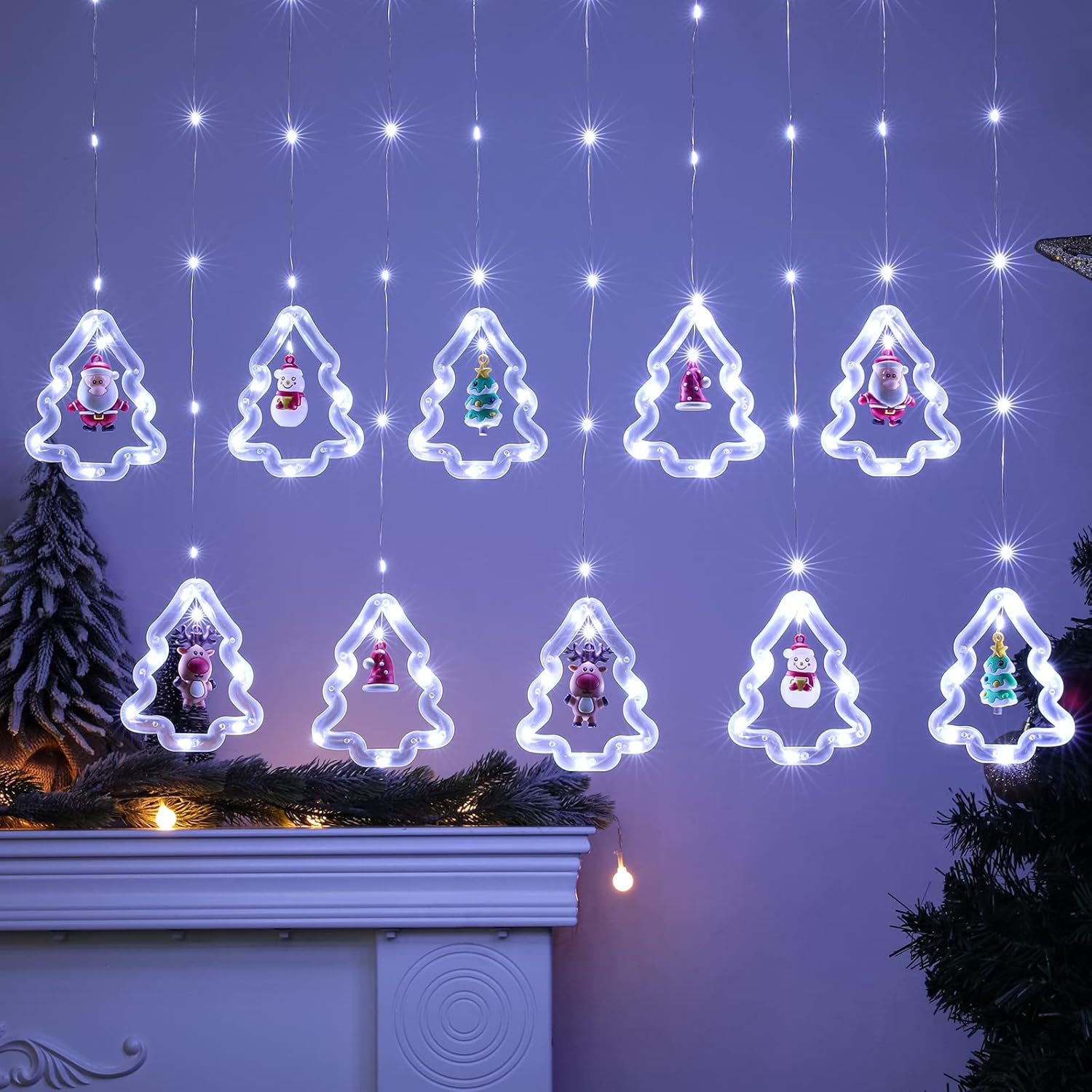 Lumières de Noël pour fenêtre – Décorations lumineuses pour fenêtre de Noël – Anneau lumineux en forme d'arbre avec rideau décoratif intérieur – Jeu