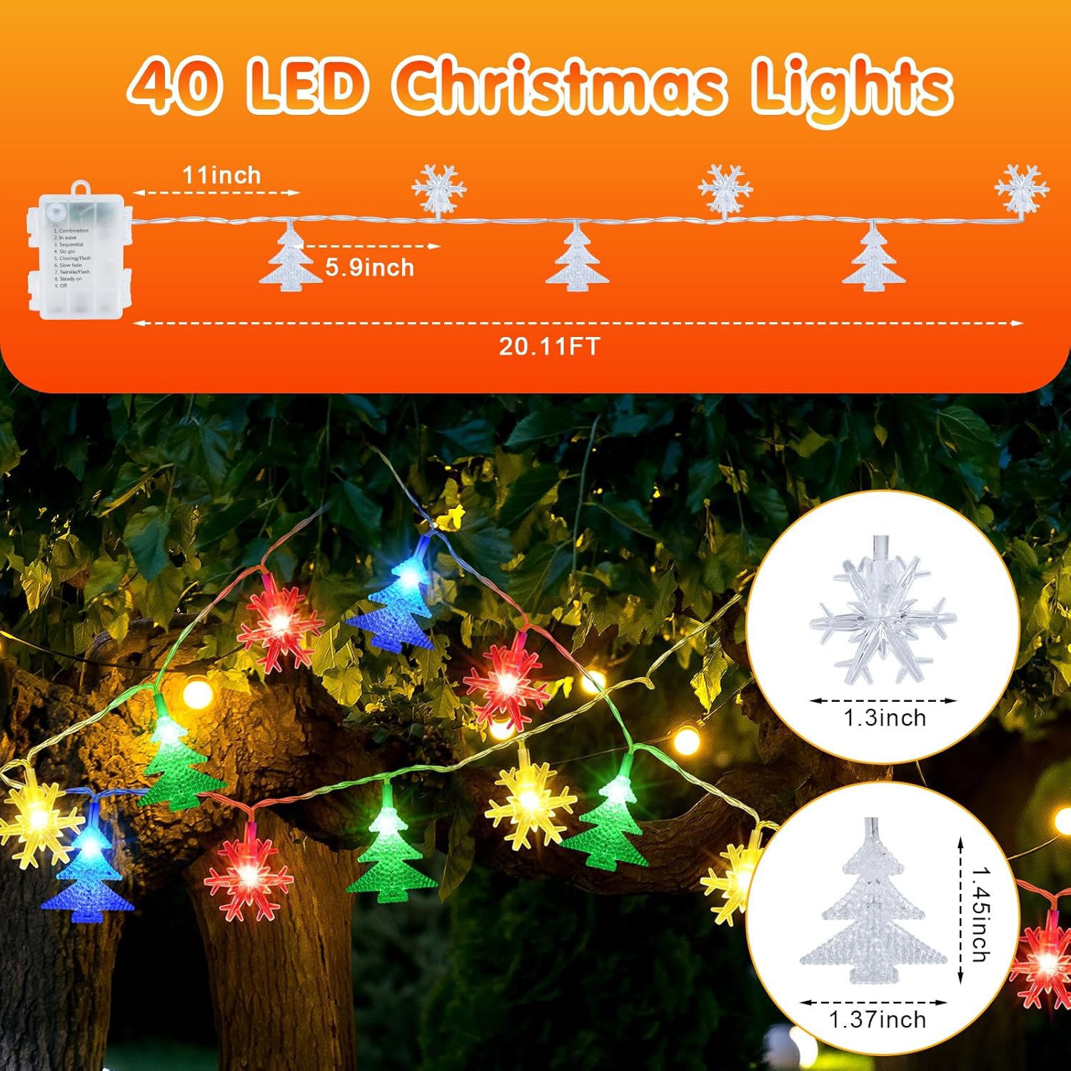 Lumières de Noël de 20 pi, 40 lumières à DEL en forme de flocon de neige avec 8 modes, lumières de Noël à piles LED