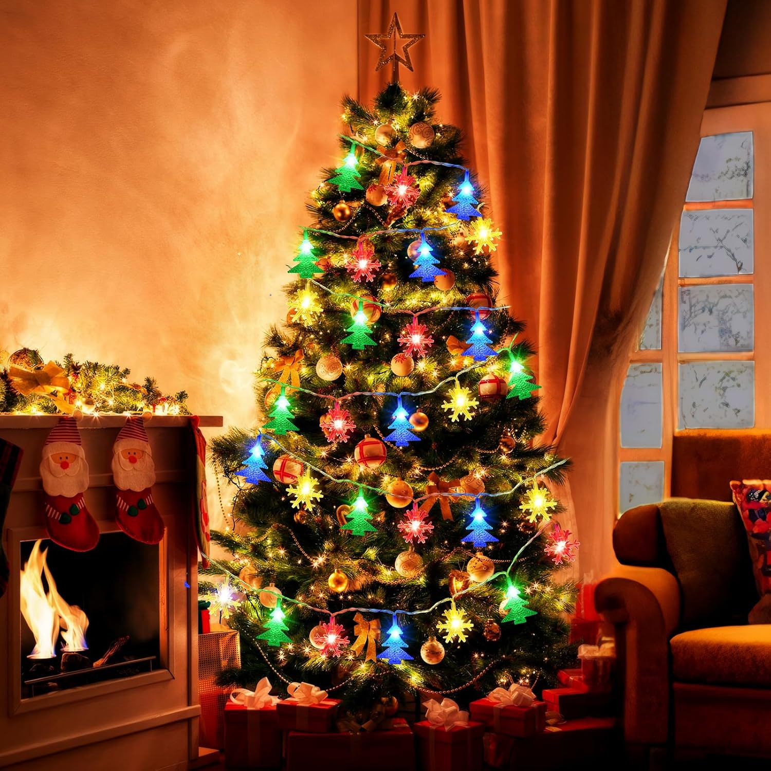 Lumières de Noël de 20 pi, 40 lumières à DEL en forme de flocon de neige avec 8 modes, lumières de Noël à piles LED