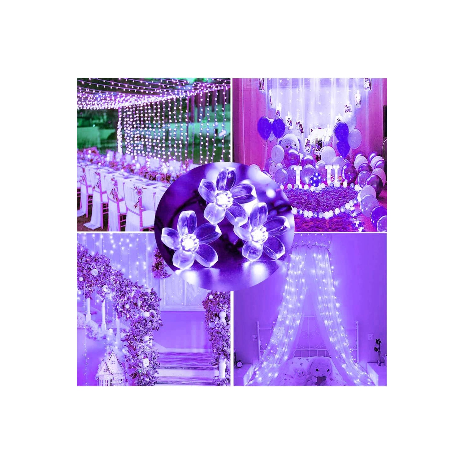 Guirlande de lumières, lumières violettes Décoration de pièce Lumières de 33 pi 100LED 8 modes Fleurs d'intérieur de fête de mariage LED lumières
