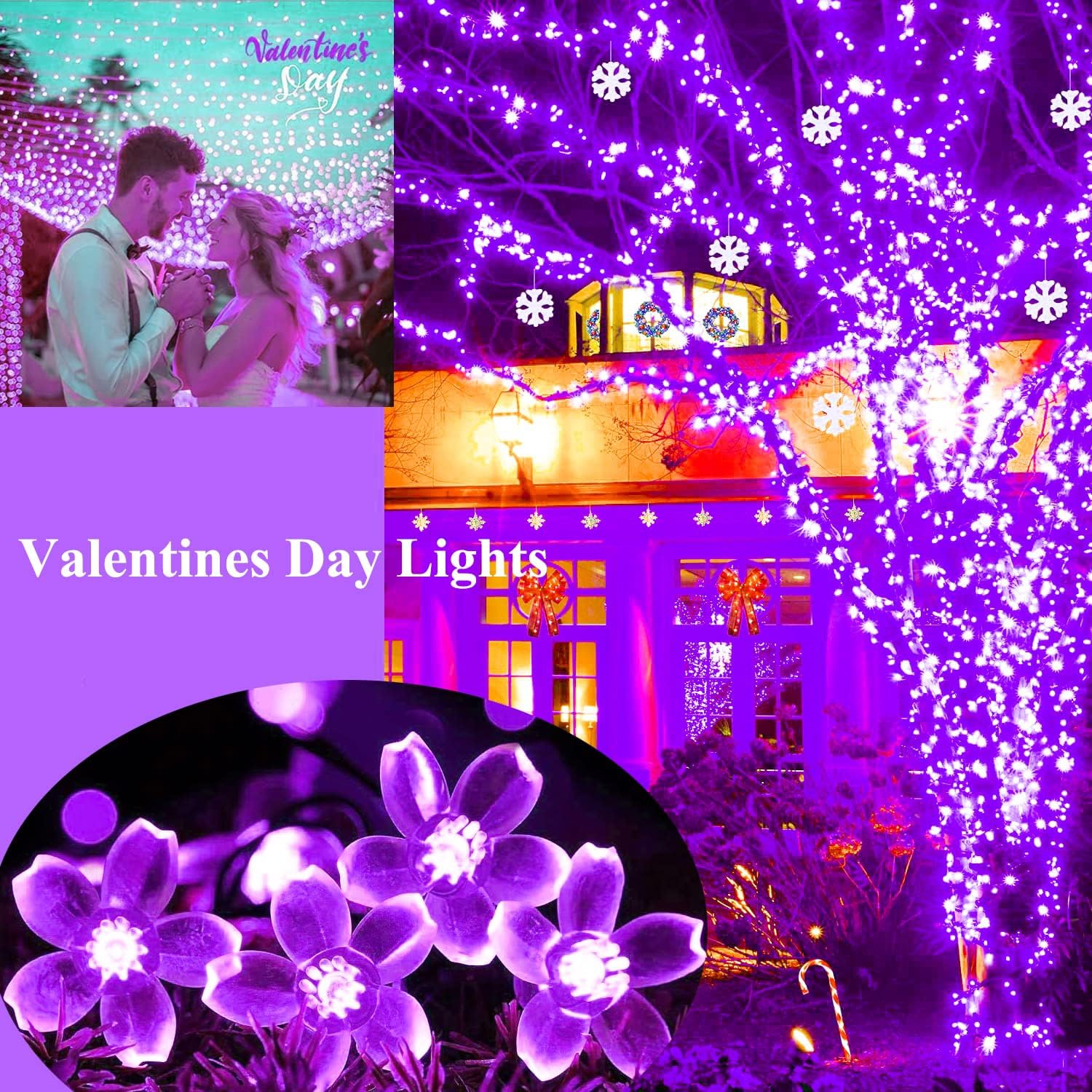 Guirlande de lumières, lumières violettes Décoration de pièce Lumières de 33 pi 100LED 8 modes Fleurs d'intérieur de fête de mariage LED lumières