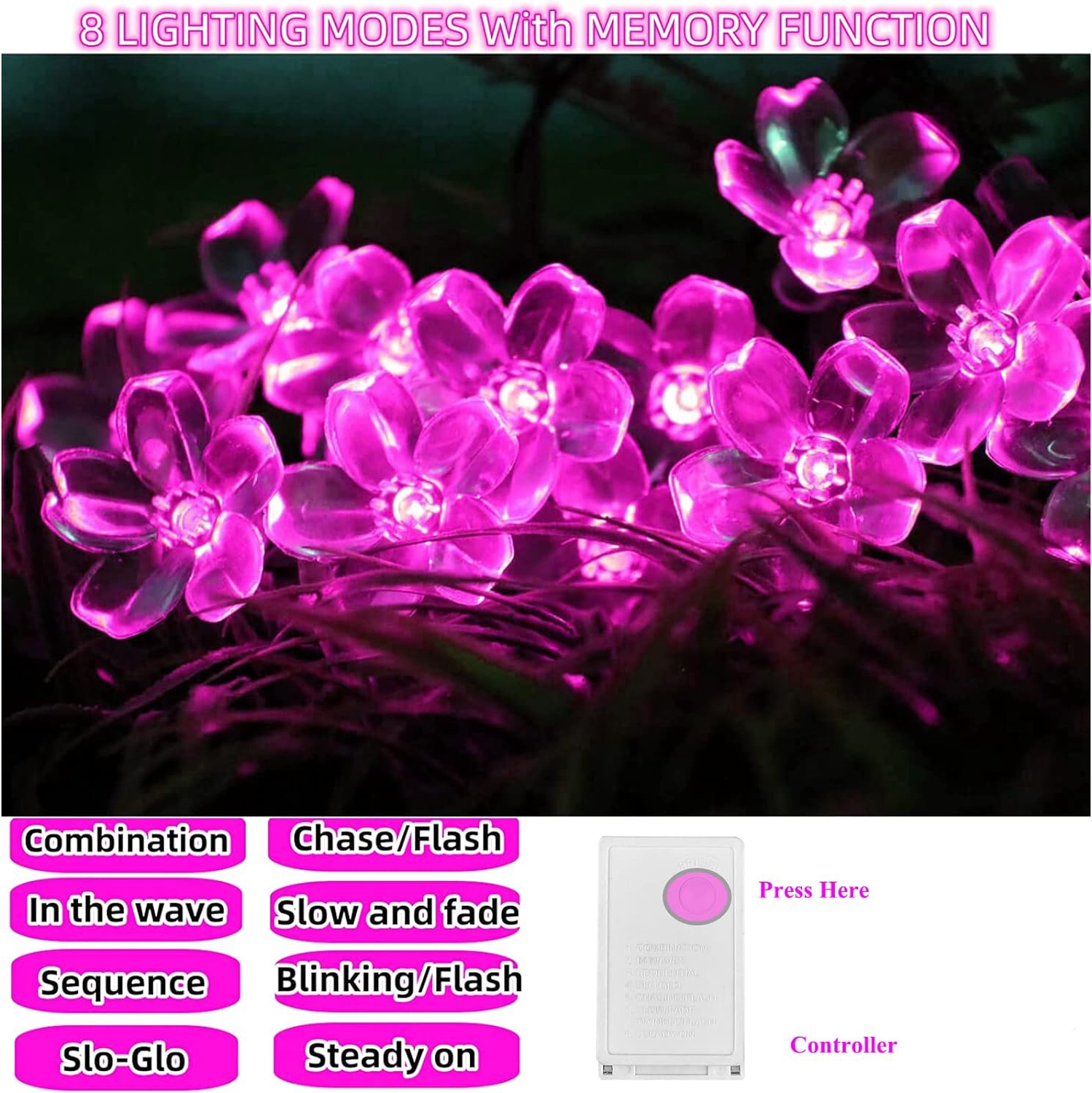 Lumières de Noël, lumières roses Décoration de chambre Jeu de fleurs 33 pi 100LED 8 modes Fleurs d'intérieur de fête de mariage LED lumières pour