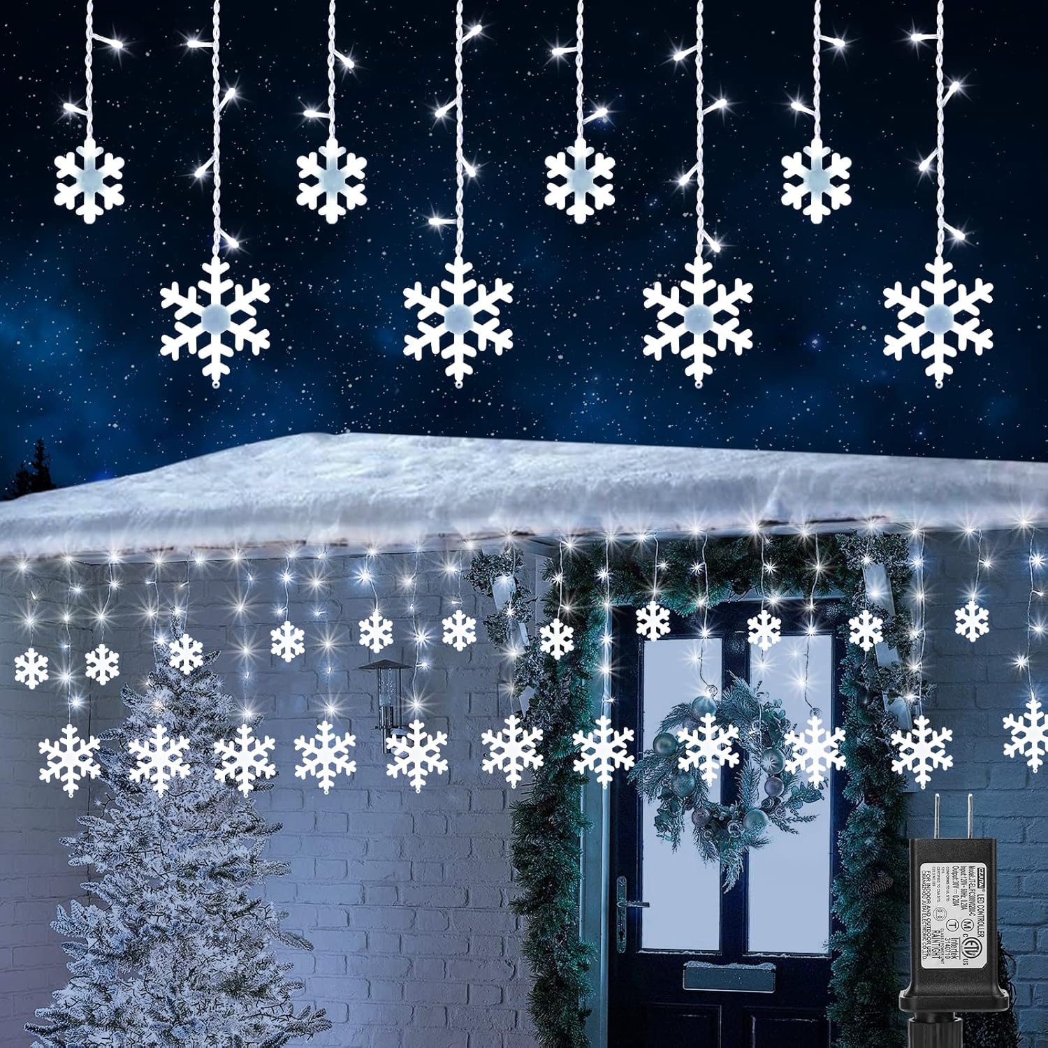 Christmas Snowflake Lights Outdoor, 17.22ft 264 LED Snowflake Icicle Lights with 22 Drops, 8 Modes connectable Plug in Christmas Light Waterproof