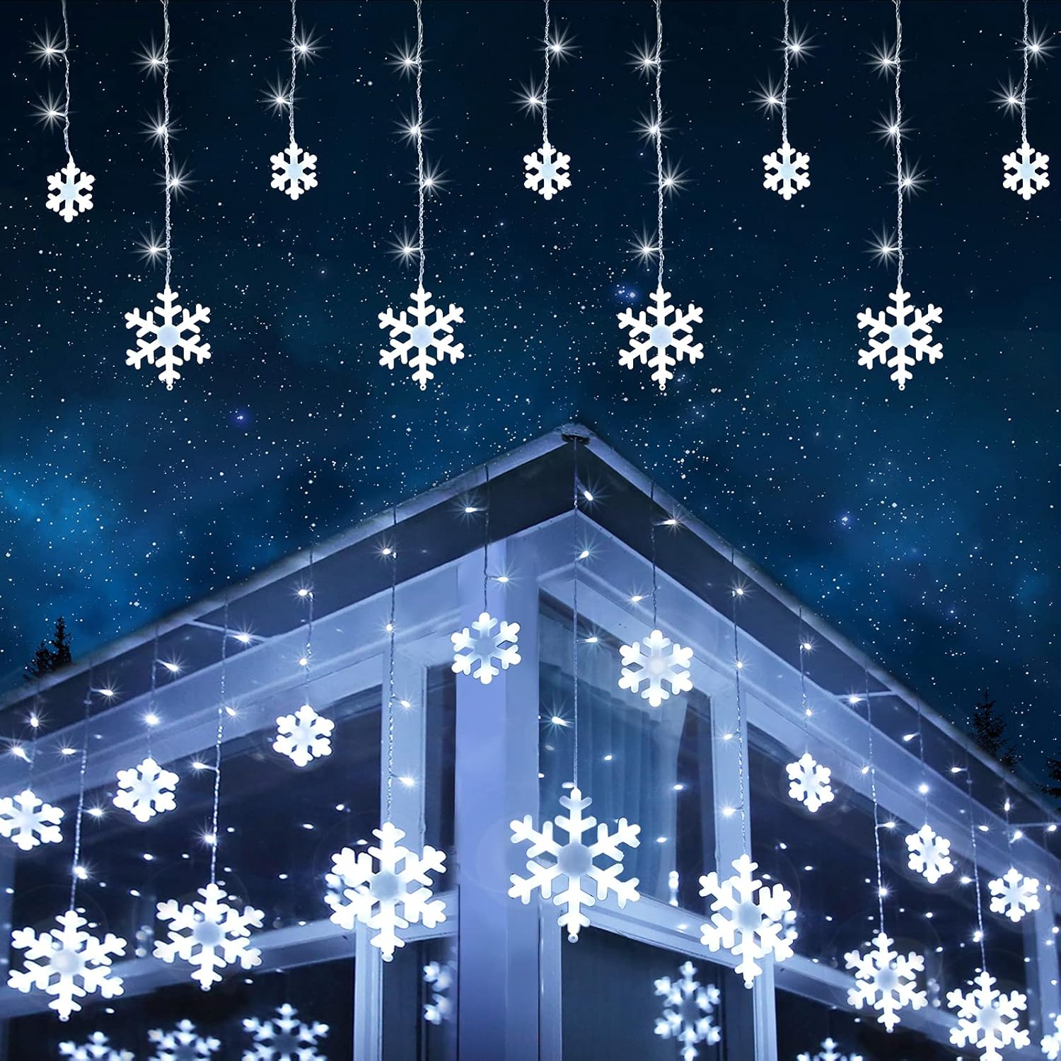 Christmas Snowflake Lights Outdoor, 17.22ft 264 LED Snowflake Icicle Lights with 22 Drops, 8 Modes connectable Plug in Christmas Light Waterproof