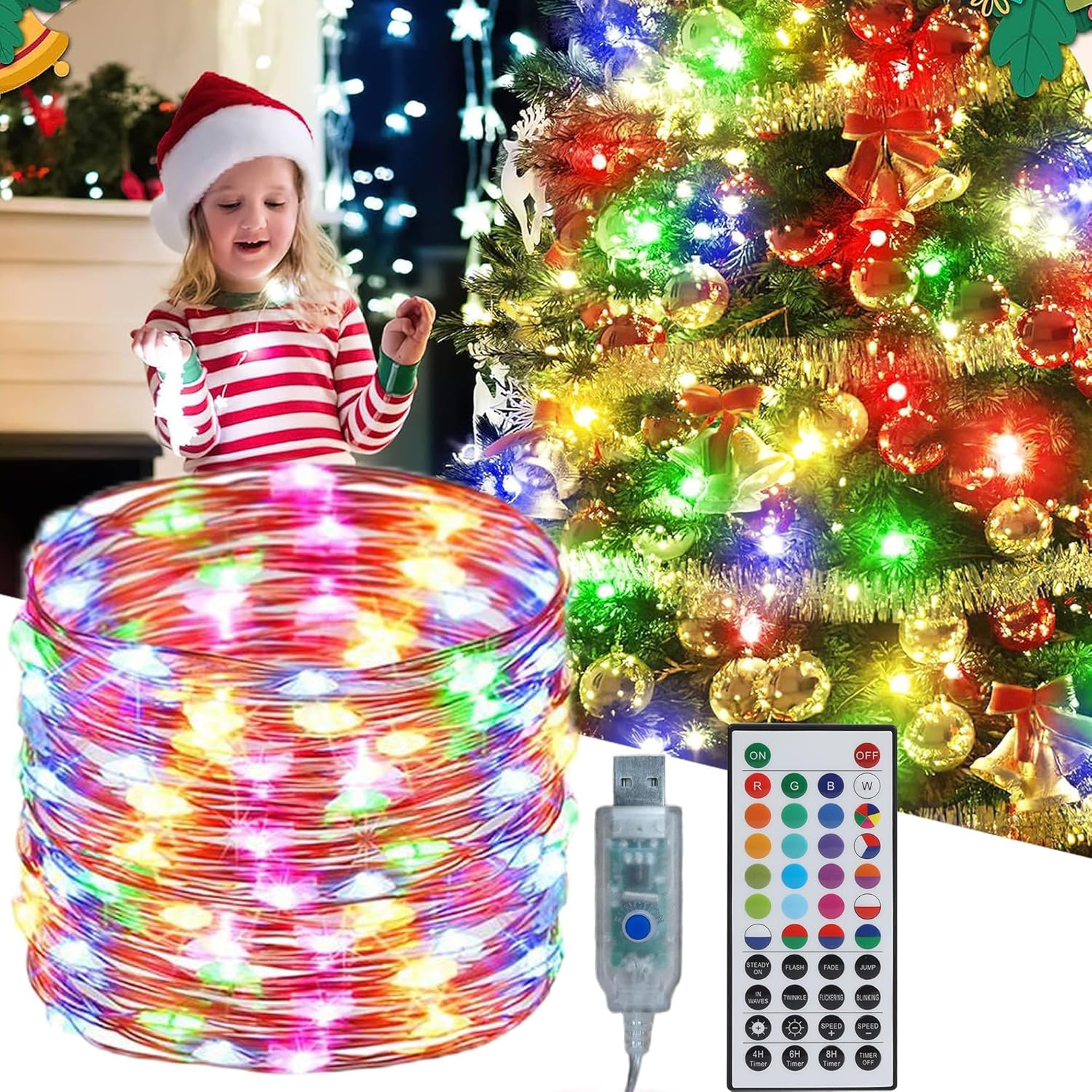 Fées de Noël, Guirlande de lumières de Noël scintillantes à couleur changeante 33&nbsp;pi 100 LED avec télécommande, Fée de Noël multicolore RVB
