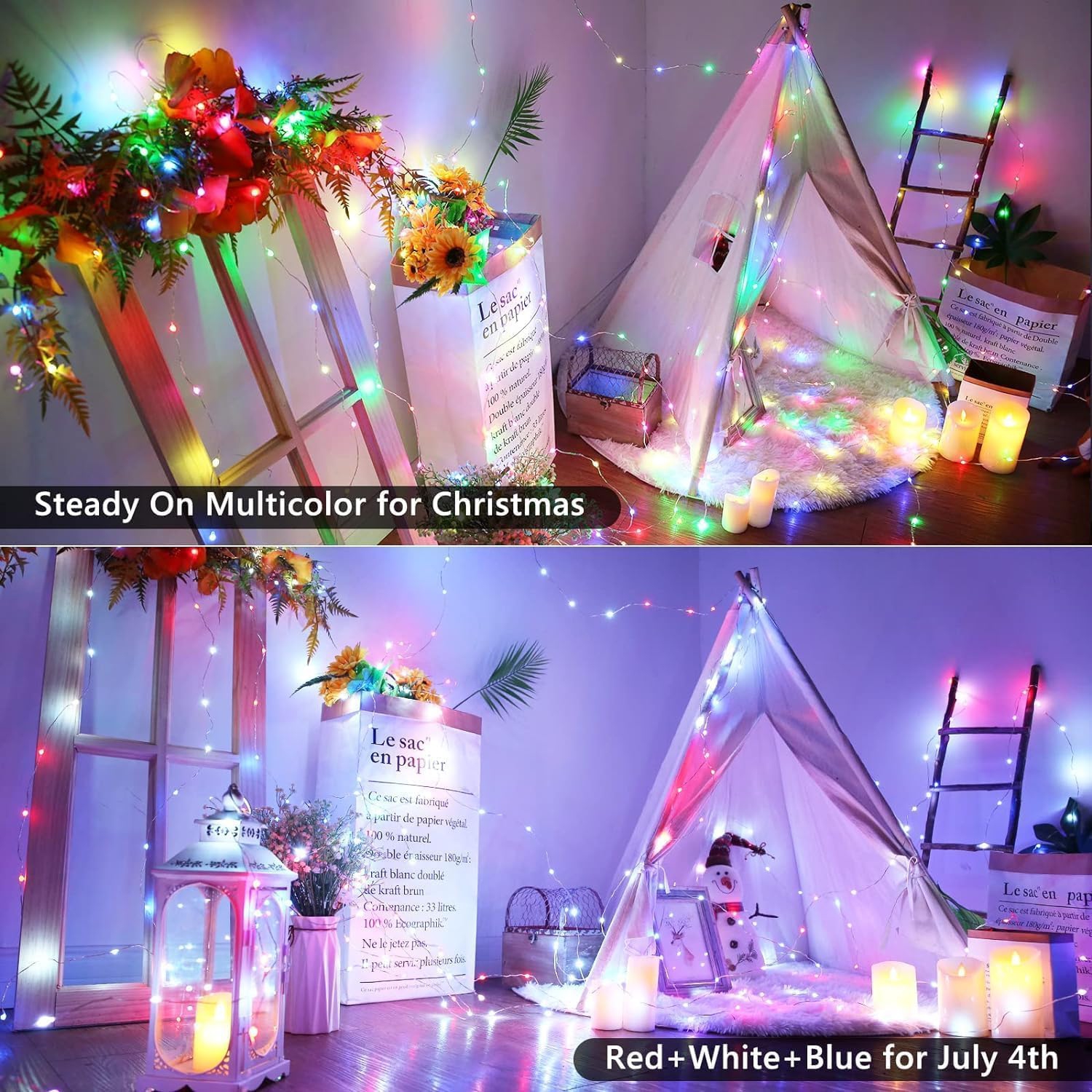 Fées de Noël, Guirlande de lumières de Noël scintillantes à couleur changeante 33&nbsp;pi 100 LED avec télécommande, Fée de Noël multicolore RVB