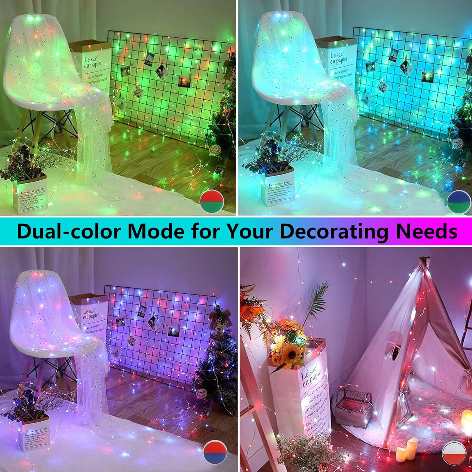 Fées de Noël, Guirlande de lumières de Noël scintillantes à couleur changeante 33&nbsp;pi 100 LED avec télécommande, Fée de Noël multicolore RVB