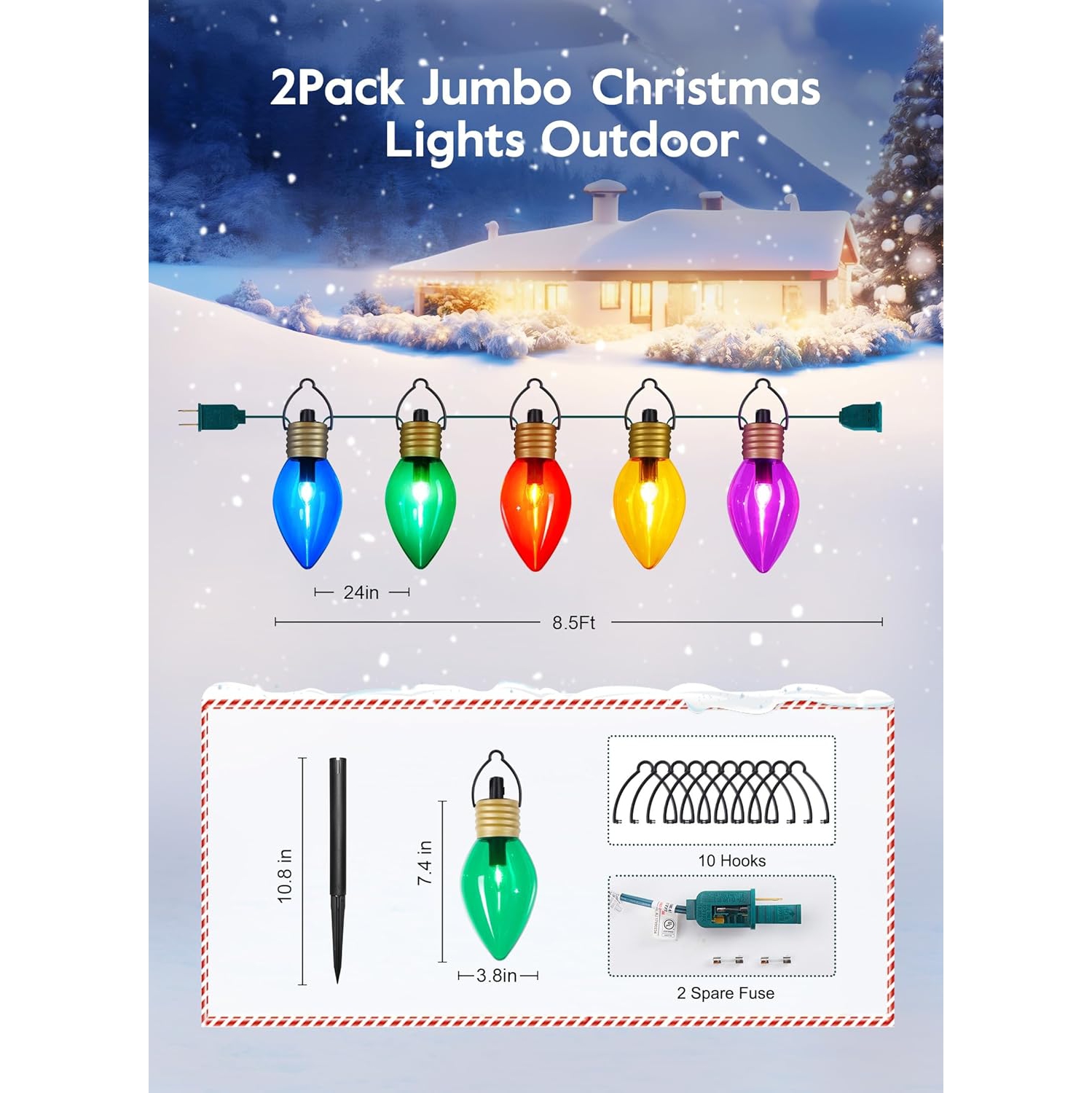 2 Pack Outdoor Christmas Decorations Jumbo Xmas String Lights or Pathway Marker Lights, Large Multicolored Bulbs Hanging Lights Waterproof Lawn
