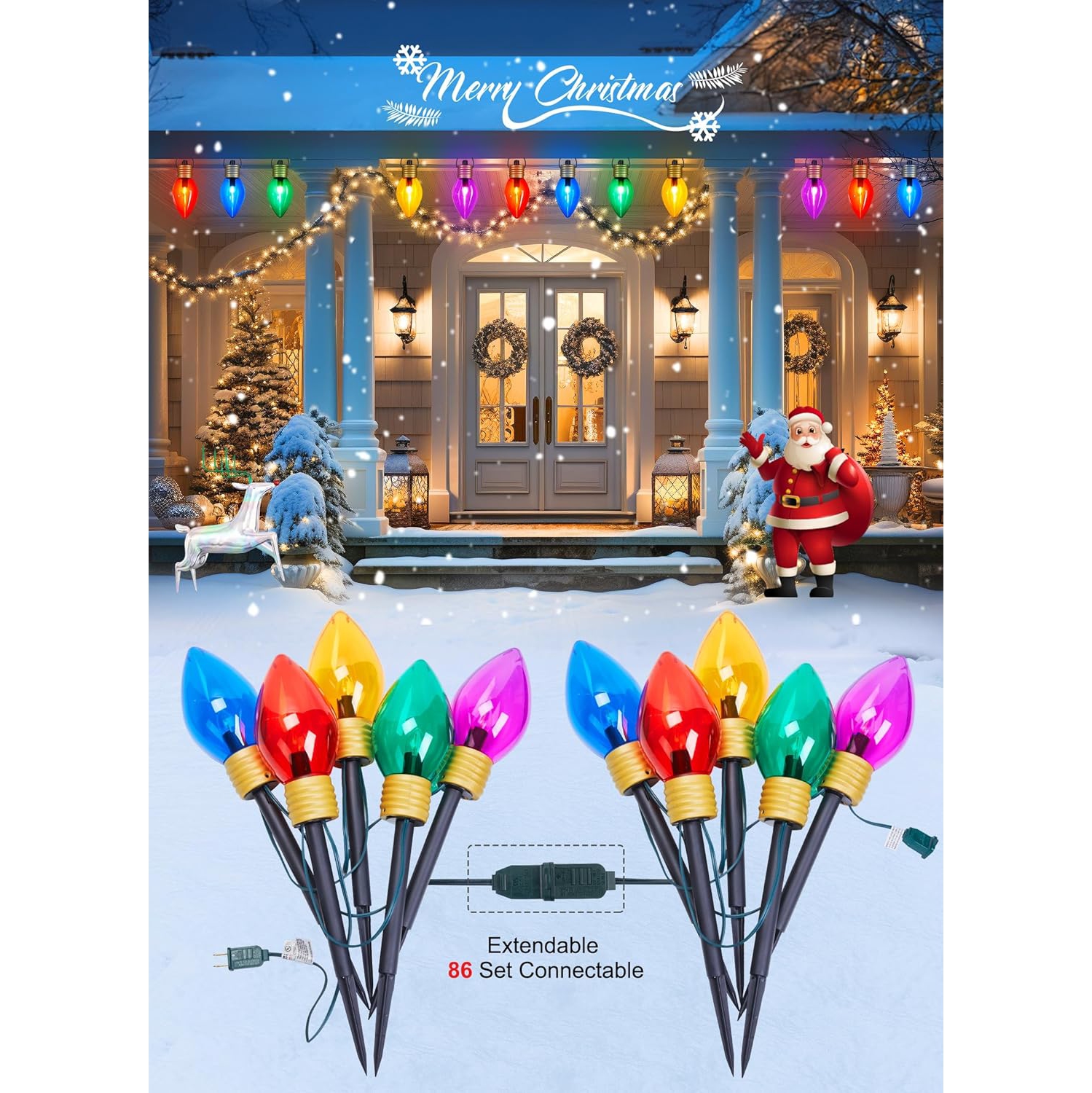 2 Pack Outdoor Christmas Decorations Jumbo Xmas String Lights or Pathway Marker Lights, Large Multicolored Bulbs Hanging Lights Waterproof Lawn