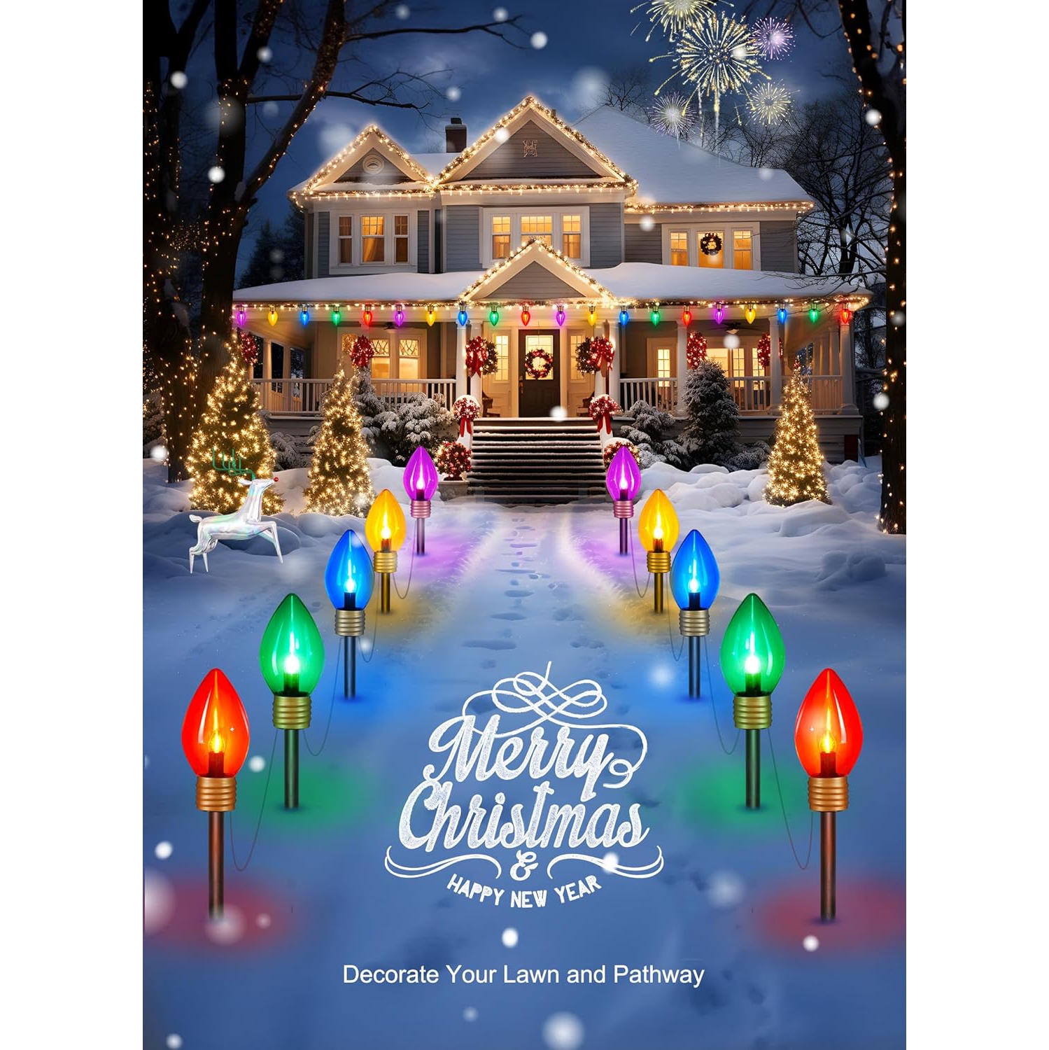 2 Pack Outdoor Christmas Decorations Jumbo Xmas String Lights or Pathway Marker Lights, Large Multicolored Bulbs Hanging Lights Waterproof Lawn