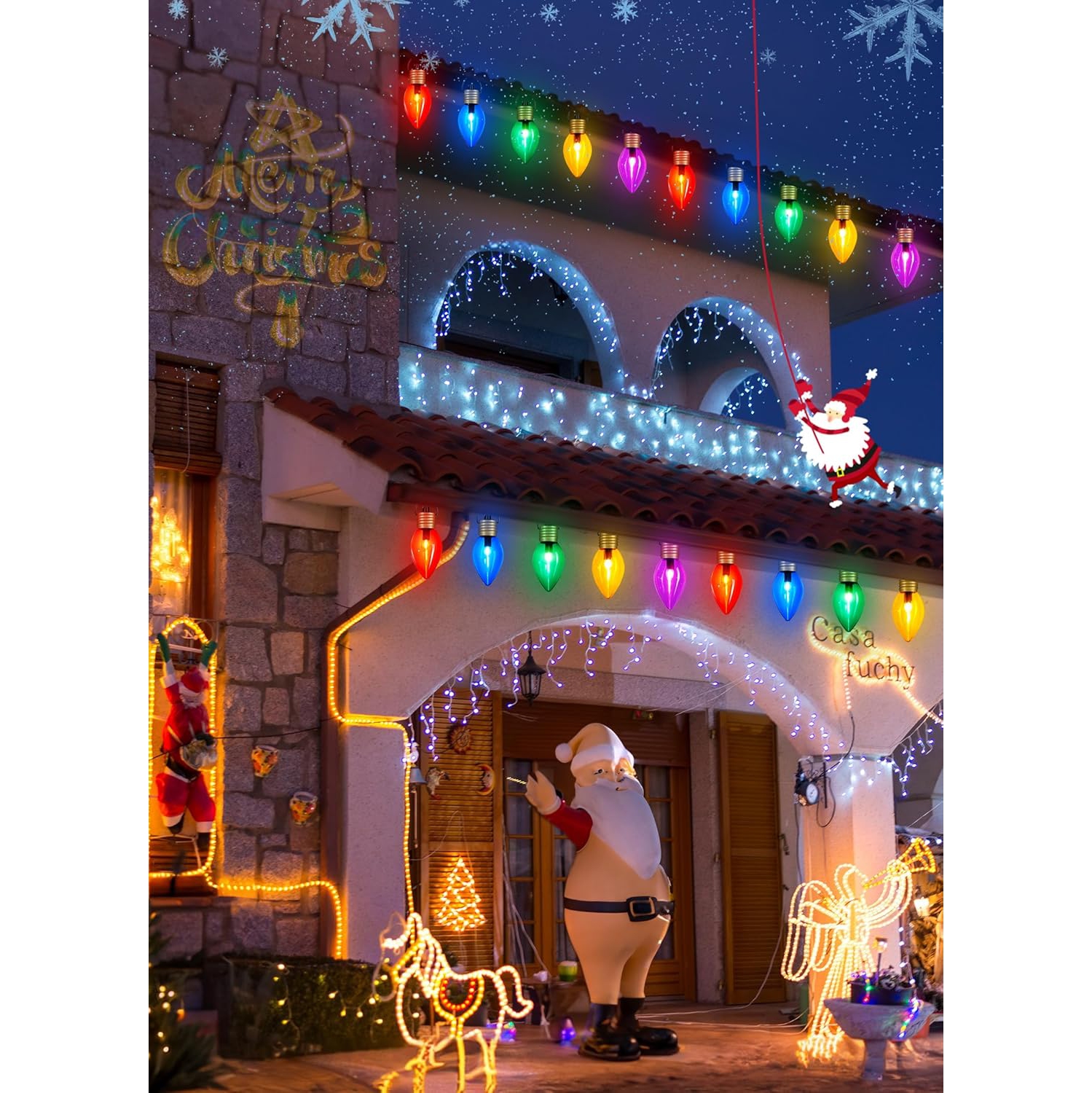 2 Pack Outdoor Christmas Decorations Jumbo Xmas String Lights or Pathway Marker Lights, Large Multicolored Bulbs Hanging Lights Waterproof Lawn