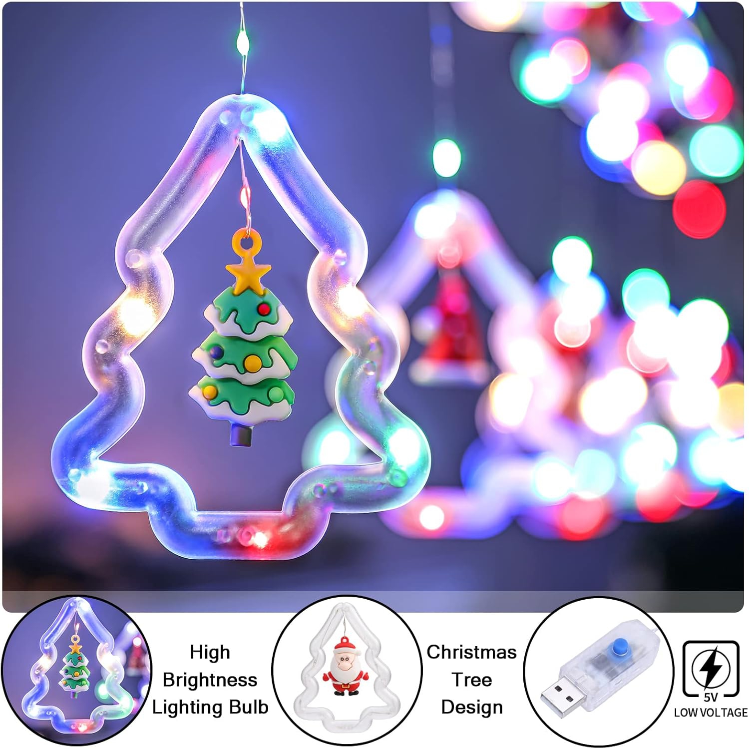 Christmas Window Lights Lighted Xmas Window Decorations - Tree Shape Ring Light with Ornament Curtain Light Indoor - USB Novelty String Hanging Lights