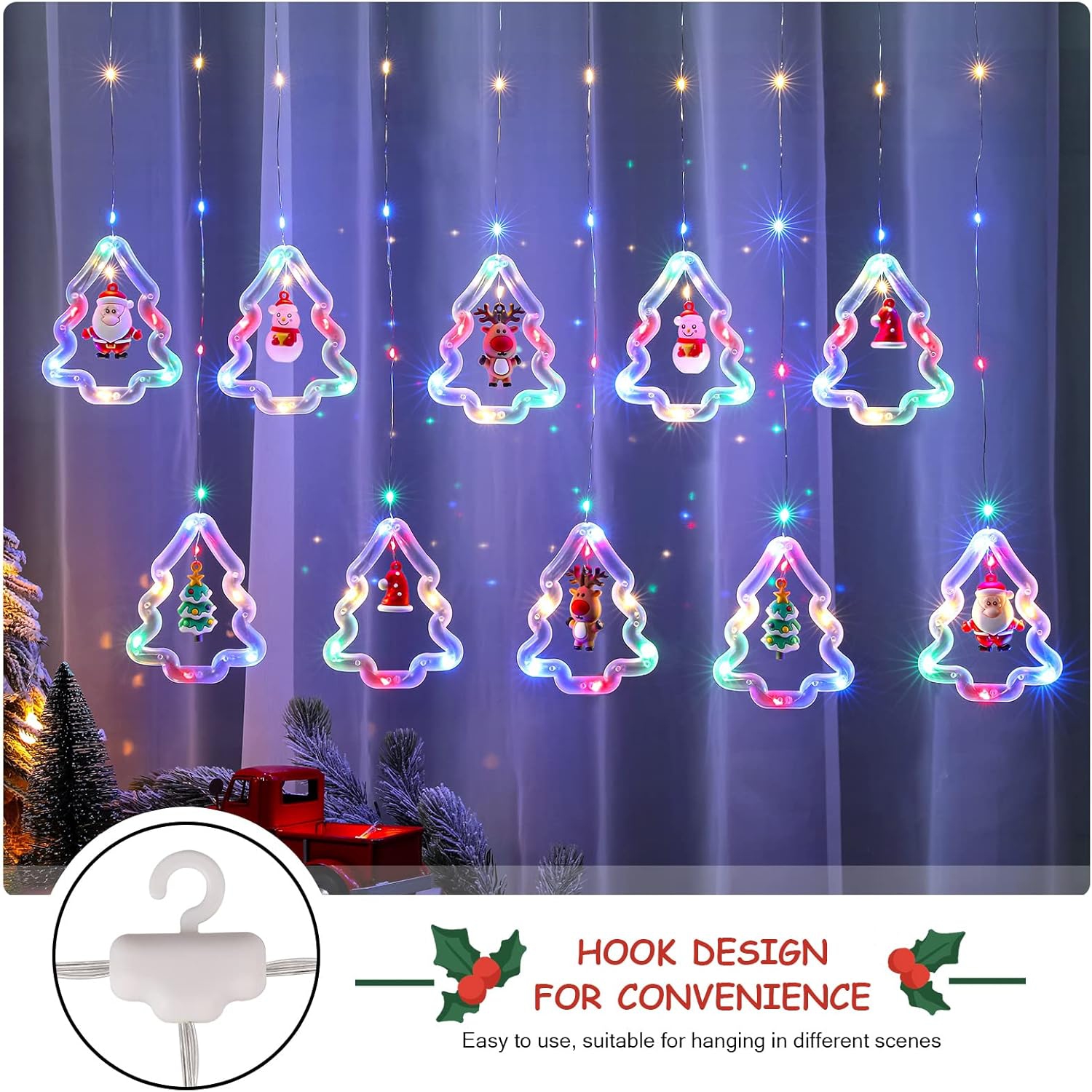 Christmas Window Lights Lighted Xmas Window Decorations - Tree Shape Ring Light with Ornament Curtain Light Indoor - USB Novelty String Hanging Lights