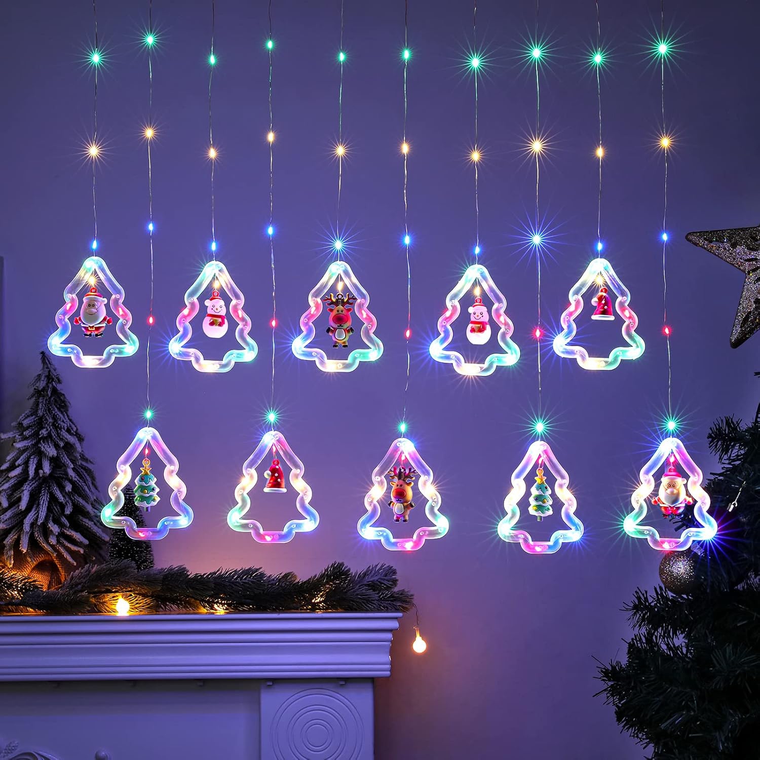 Christmas Window Lights Lighted Xmas Window Decorations - Tree Shape Ring Light with Ornament Curtain Light Indoor - USB Novelty String Hanging Lights