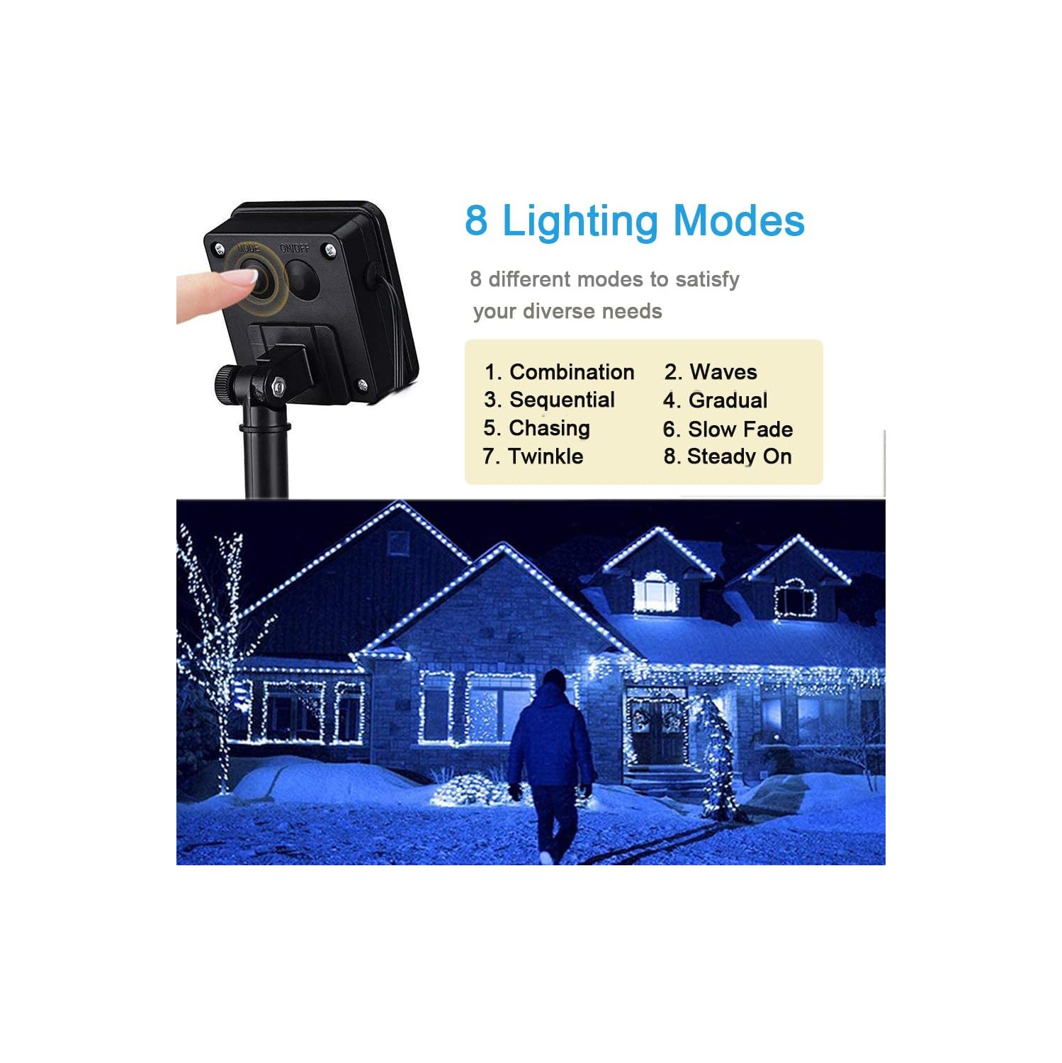 Guirlande de lumières solaires, 55 pi, 150 lumières de Noël LED, 2 8 modes, étanches, fées extérieures