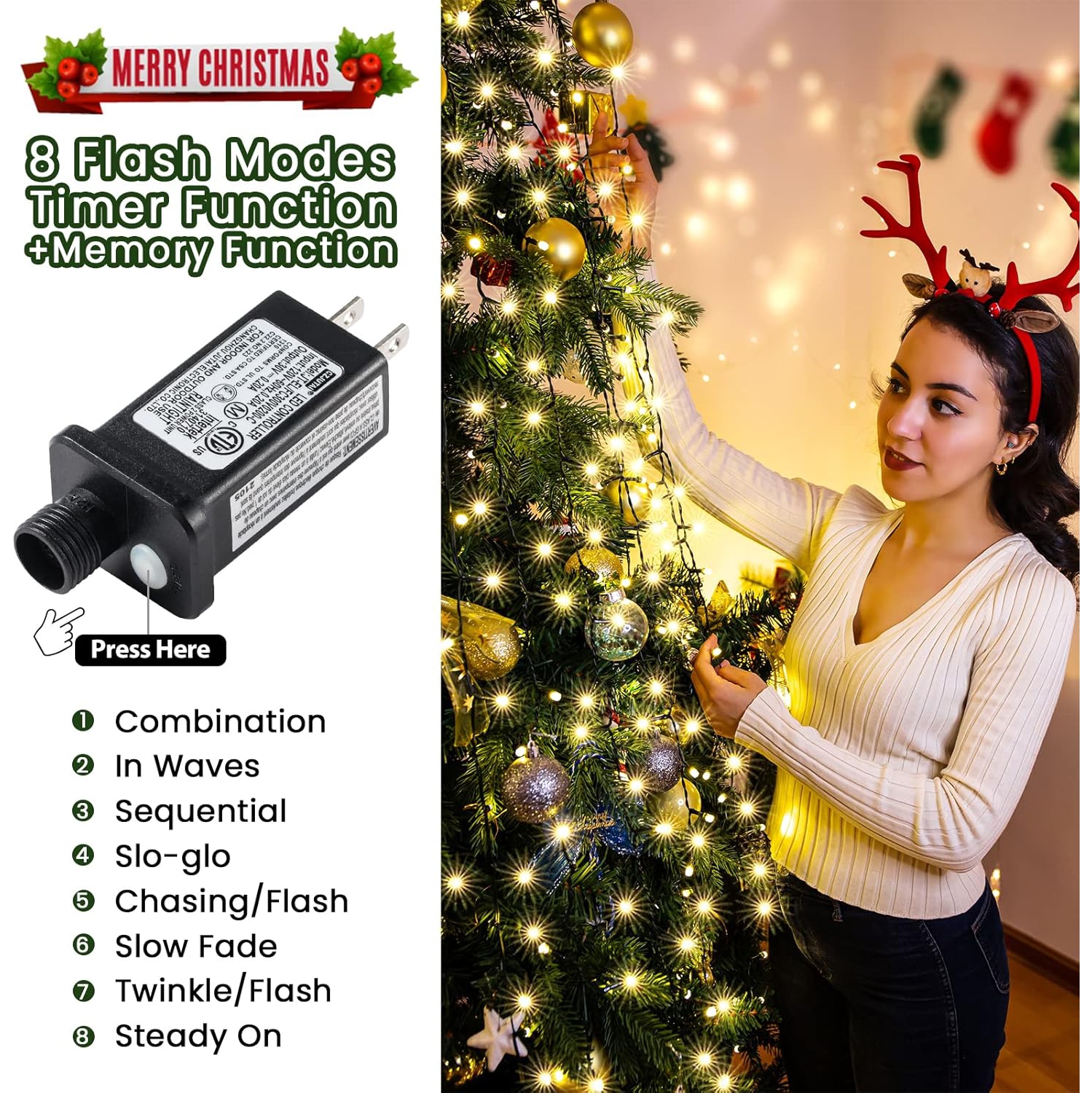 Christmas Tree Lights Warm White with Timer, 6.6FT x 10 Lines 400 Diamond LED Beads, Easy to Install Christmas String Lights with 8 Modes,