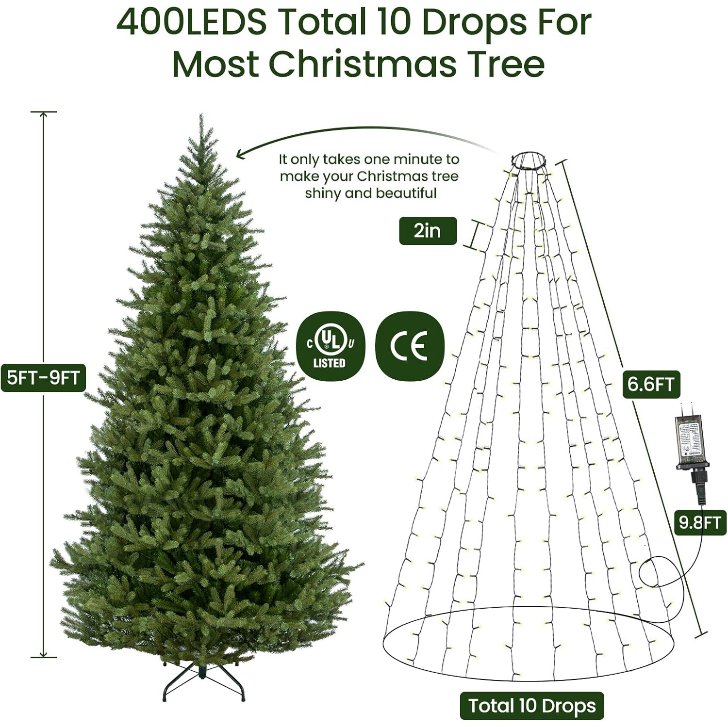 Christmas Tree Lights Warm White with Timer, 6.6FT x 10 Lines 400 Diamond LED Beads, Easy to Install Christmas String Lights with 8 Modes,
