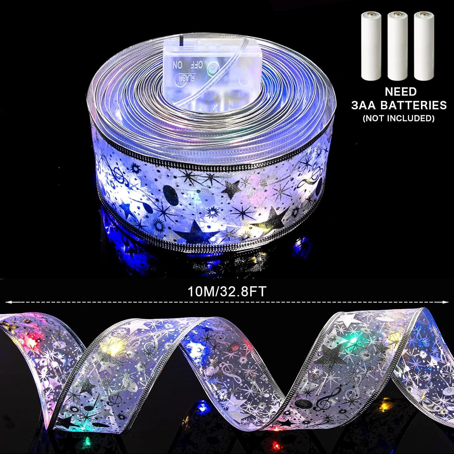 Christmas Decorations, 32ft Silver Ribbon Colorful Christmas Lights with 100 Led Fairy Lights Battery Powered Wire Ribbon Bows Lights for Christmas